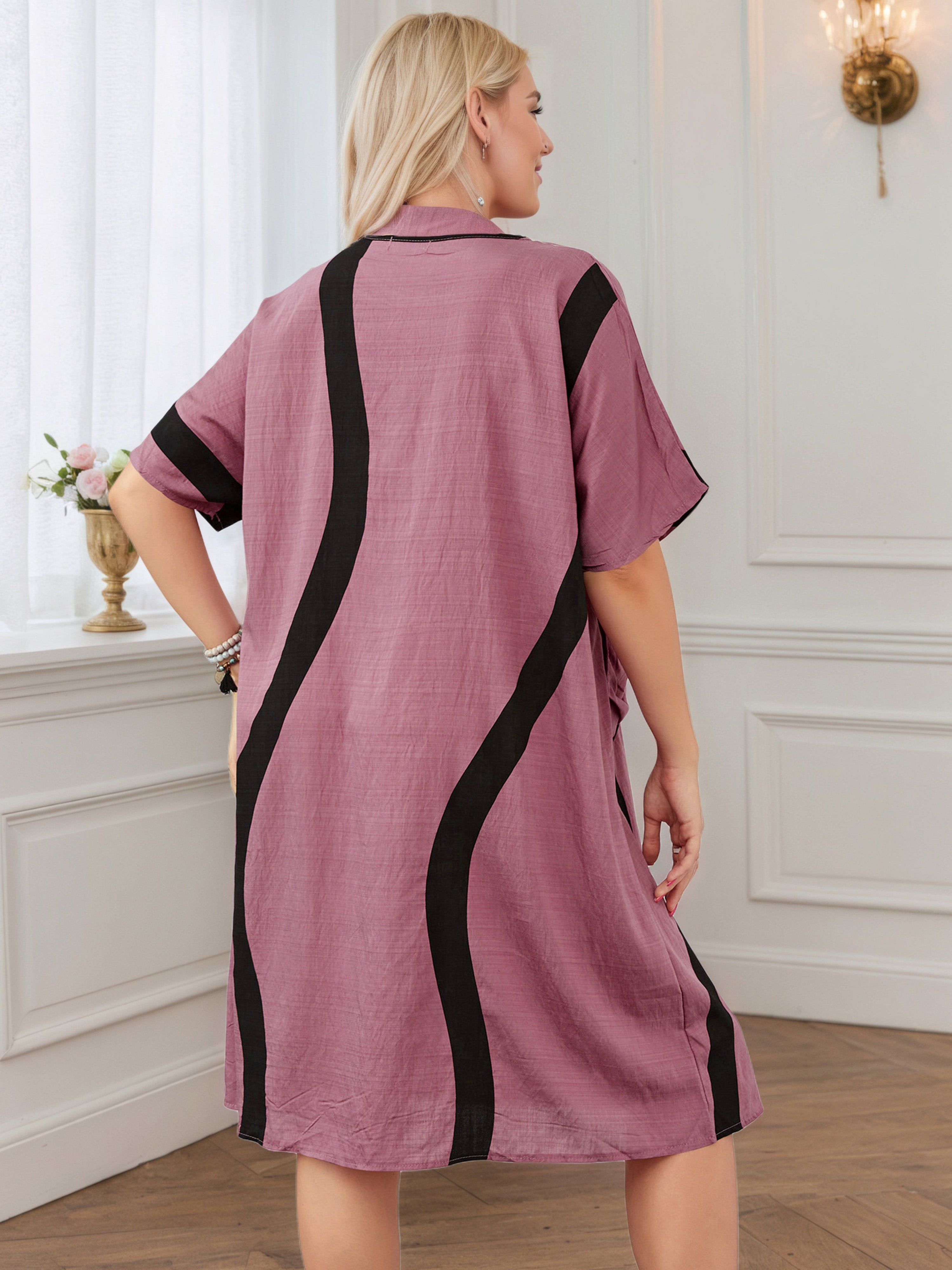 Crew Neck Loose Knee Length Cameo Brown Contrast Plus Size Dress
