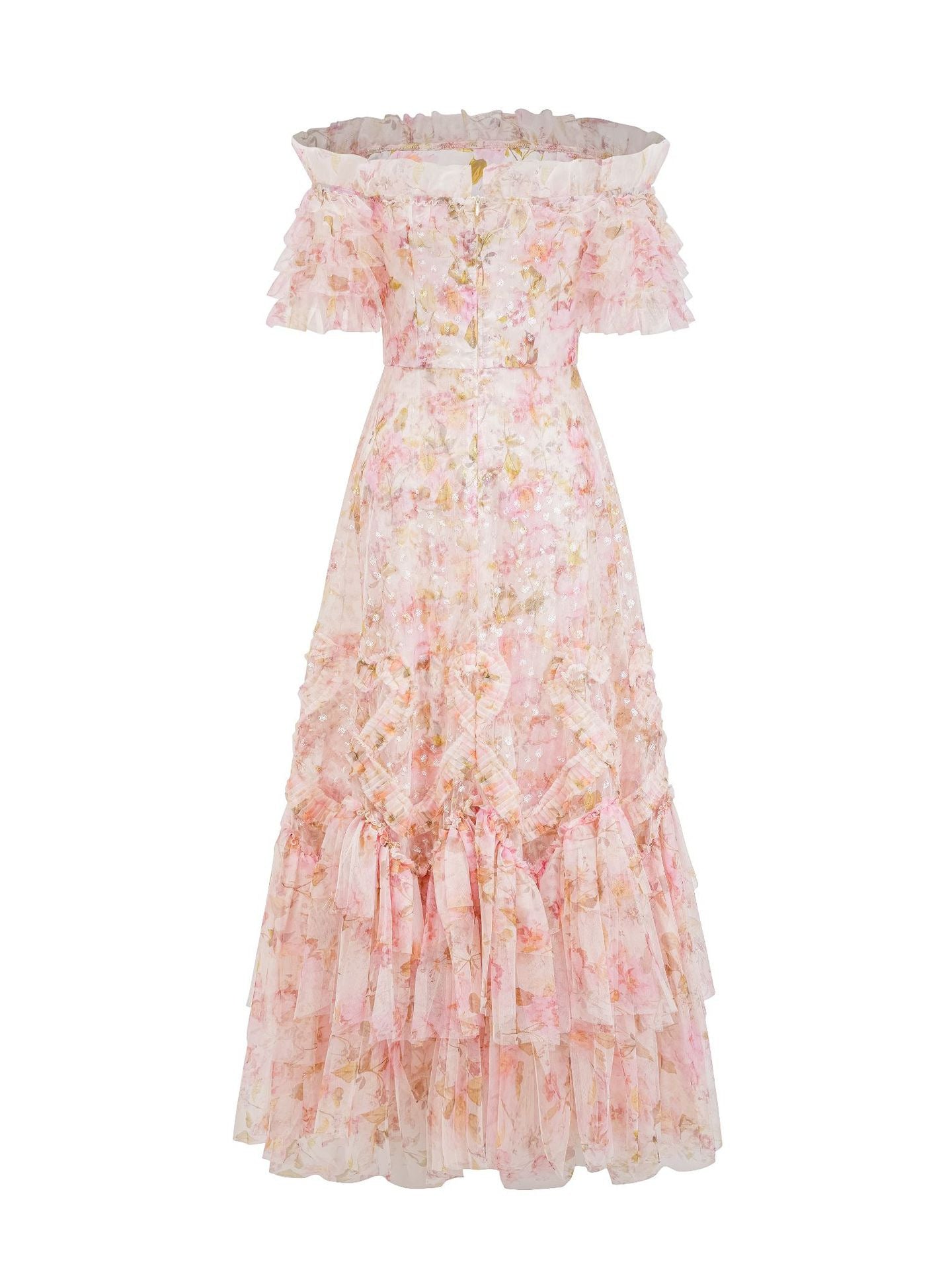 Off The Shoulder Ruffles Sequins Layers Floral Long Prom Dress