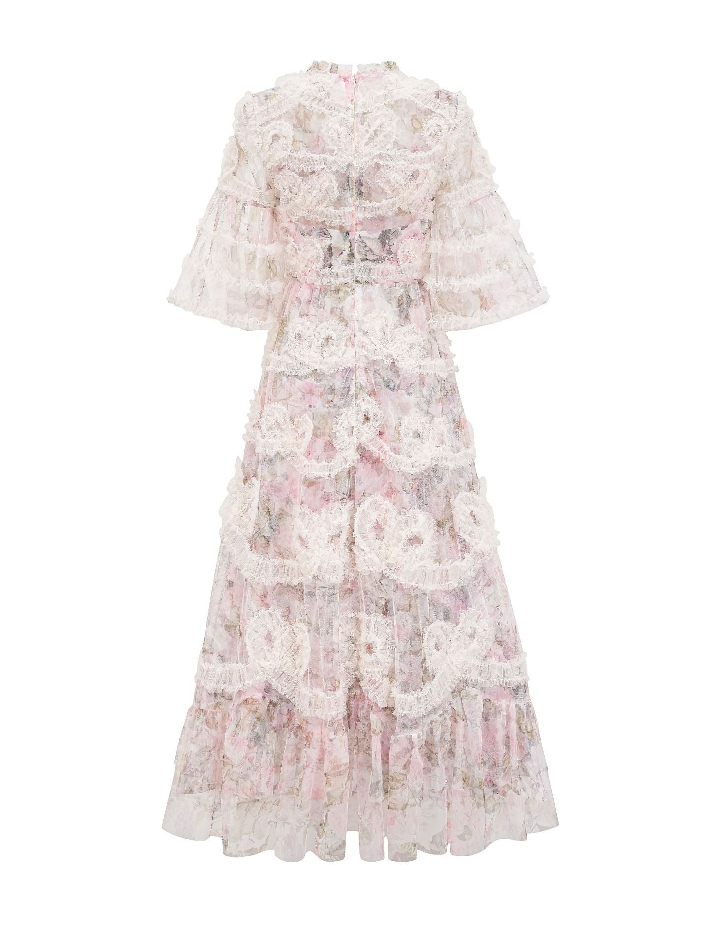 Floral Round Neck Short Sleeves A Line Long Seaside Prom Dress in Apricot