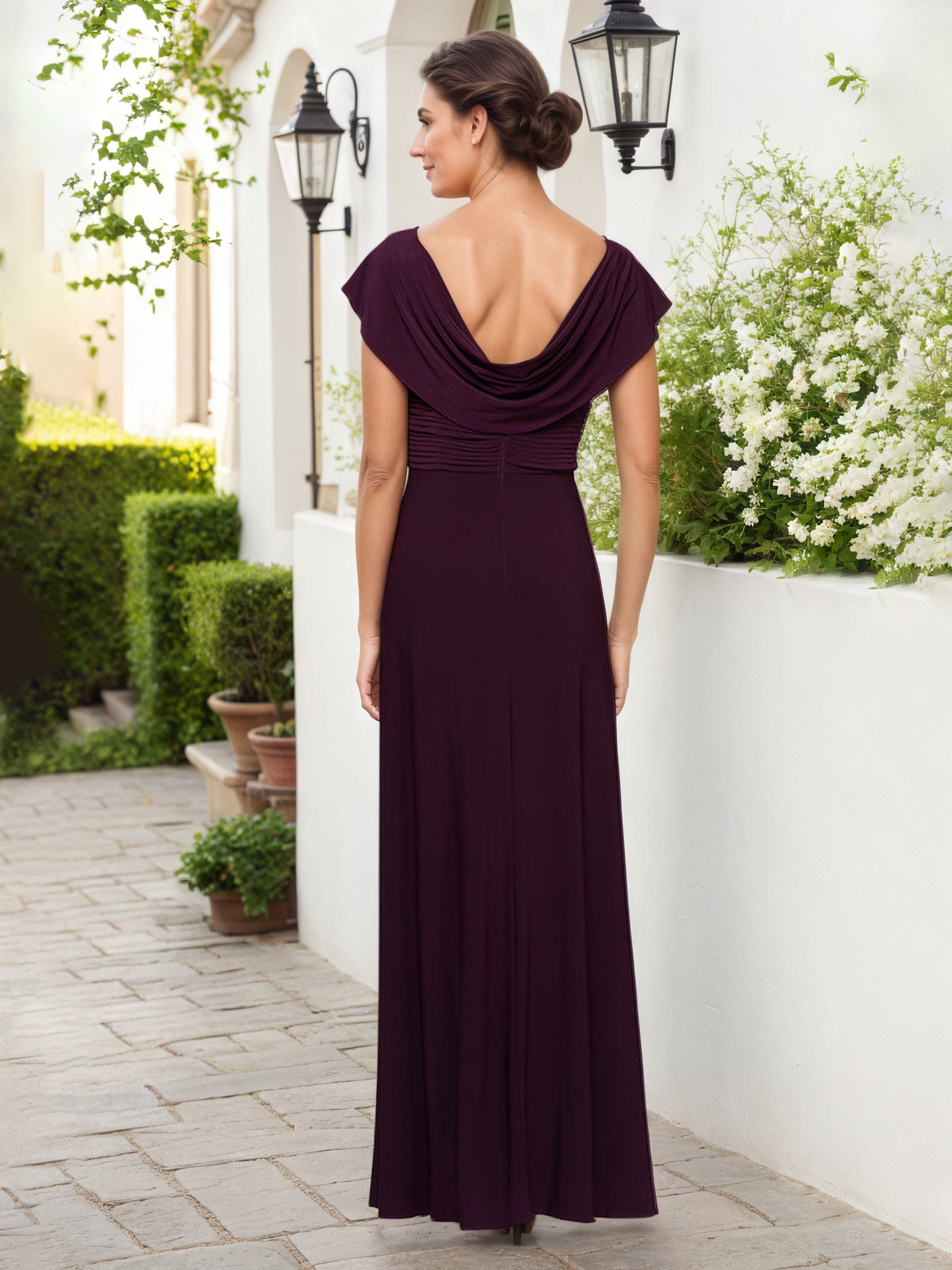 Aubergine Cap Sleeves Cowl Neck Pleated Floor Length Mother Of The Bride Dress with Embellishment