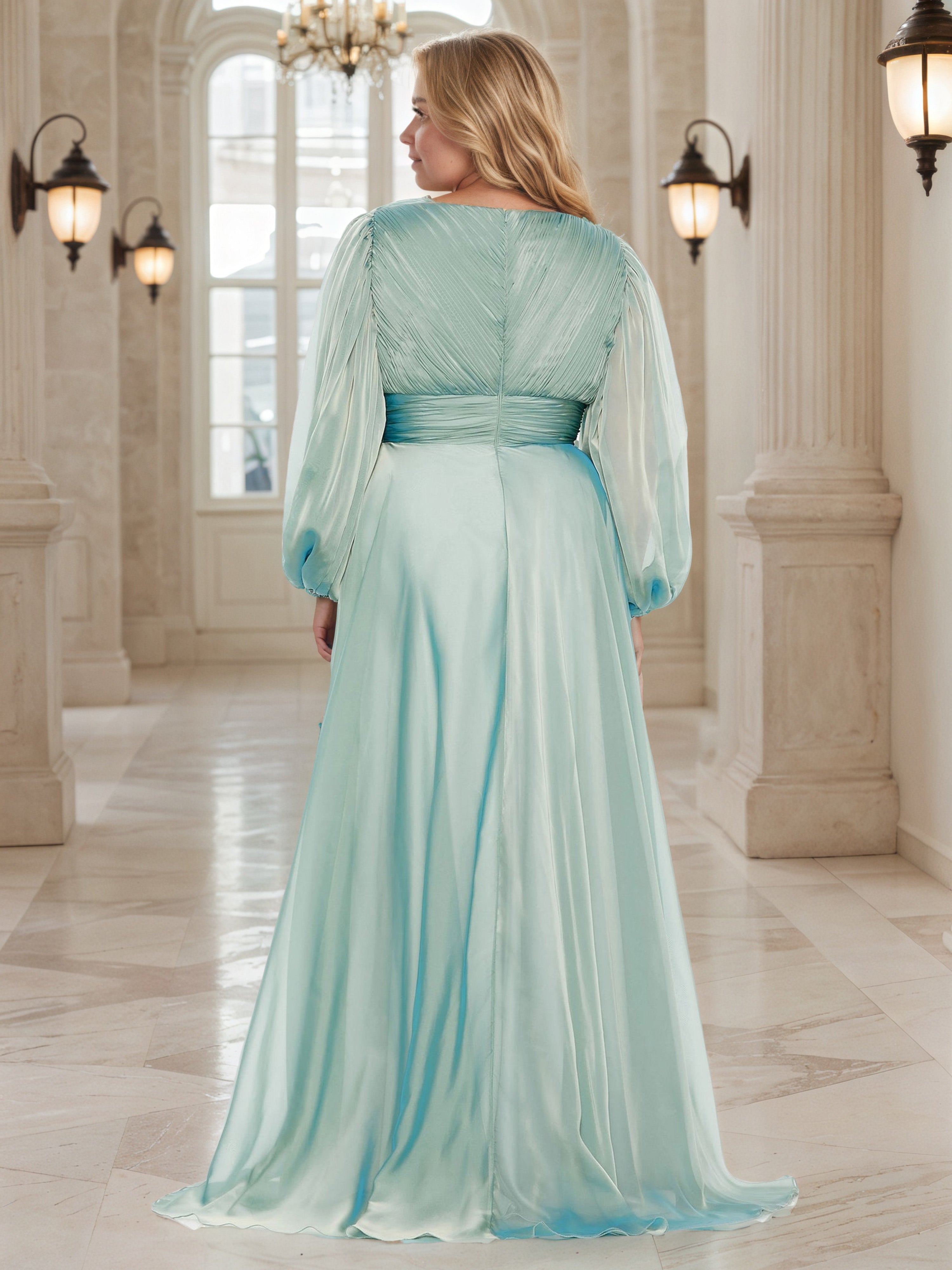 V-Neck Mint Green A-Line Illusion Long Sleeves Floor Length Plus Size Dress with Split