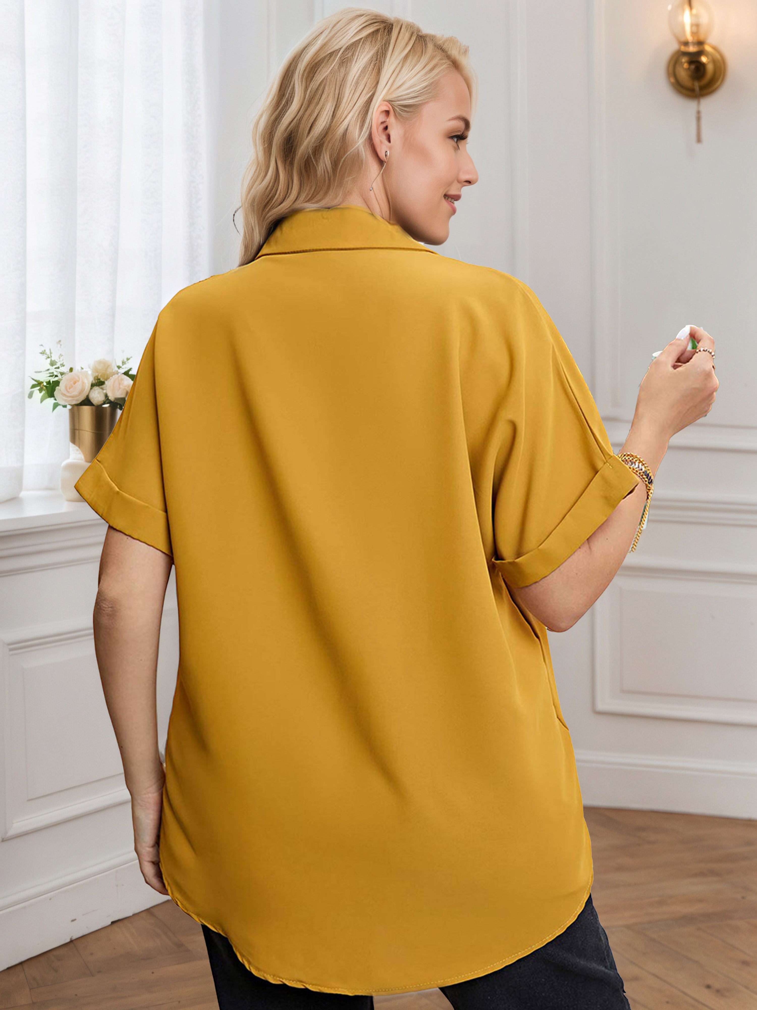 Plus Short Sleeves Marigold Stand Collar V-Neck Blouse