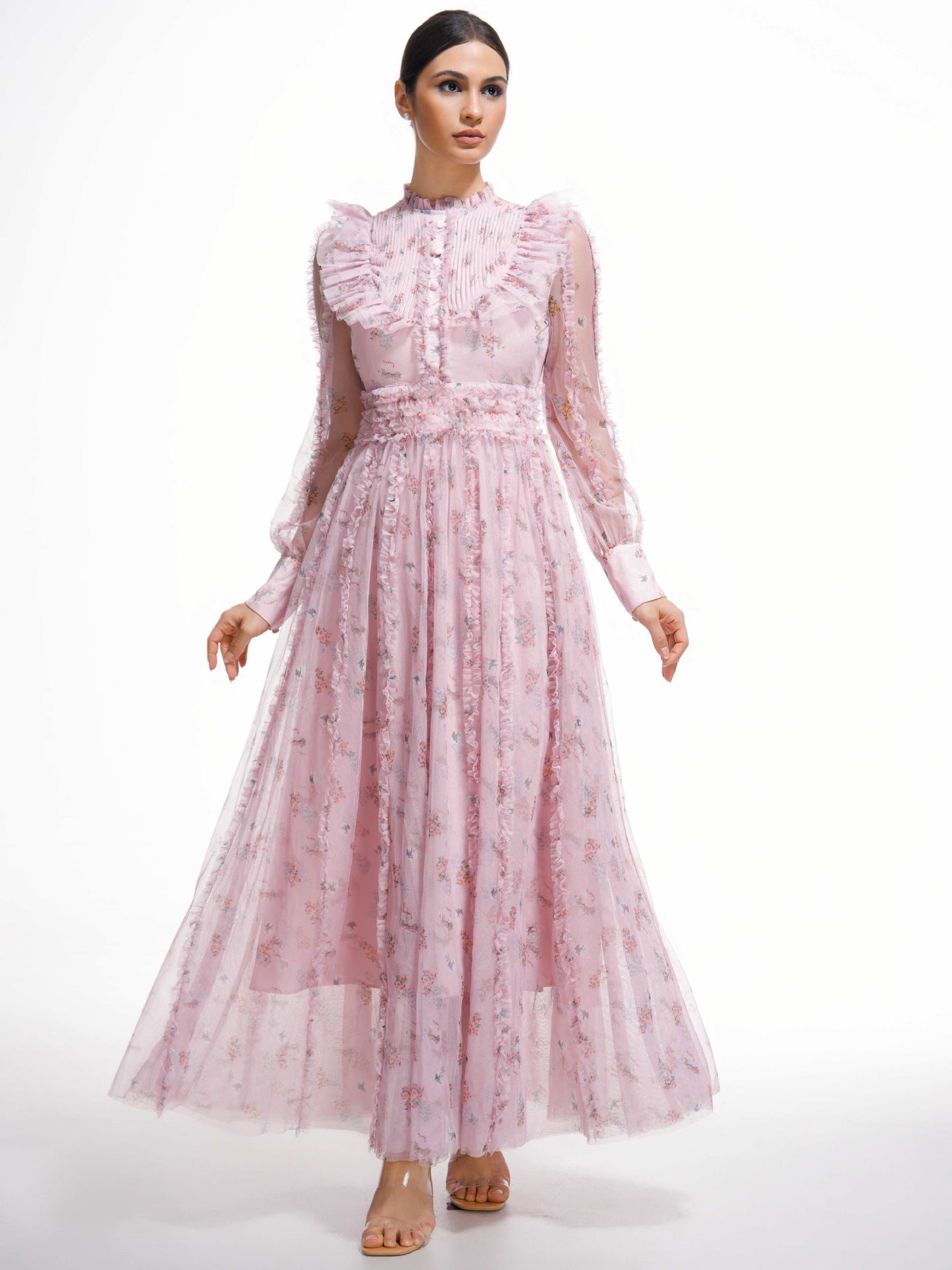 Elegant Pink Ruffled Long Sleeve Floral Maxi Prom Dress