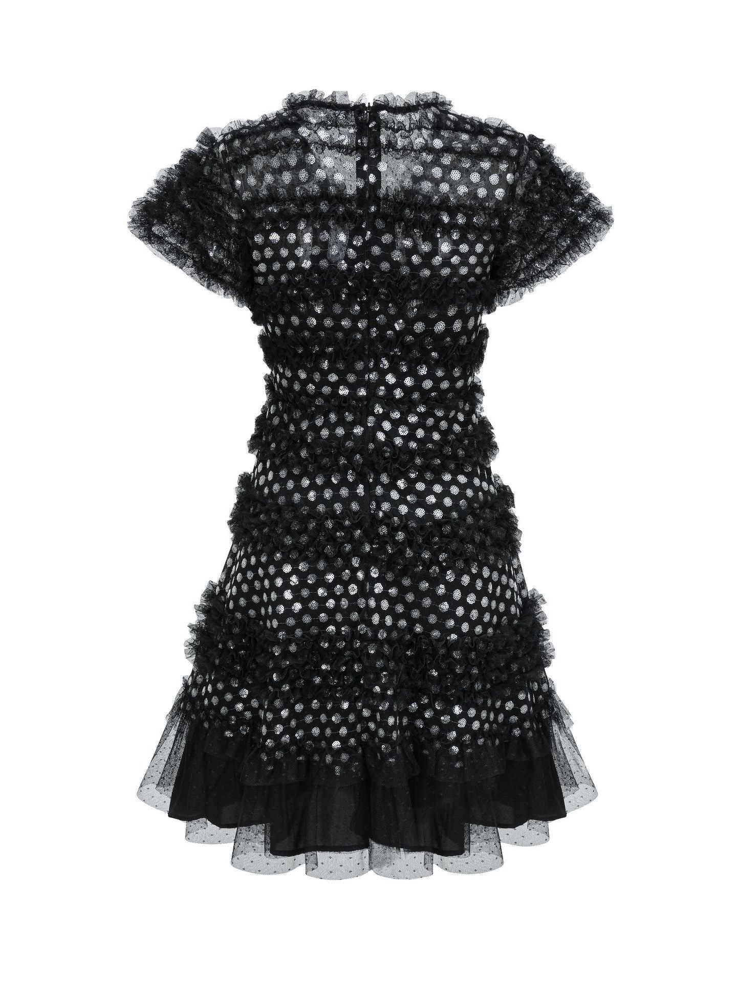 Cute Shiny Glitter V Neck Black Short Sleeves Prom Dress