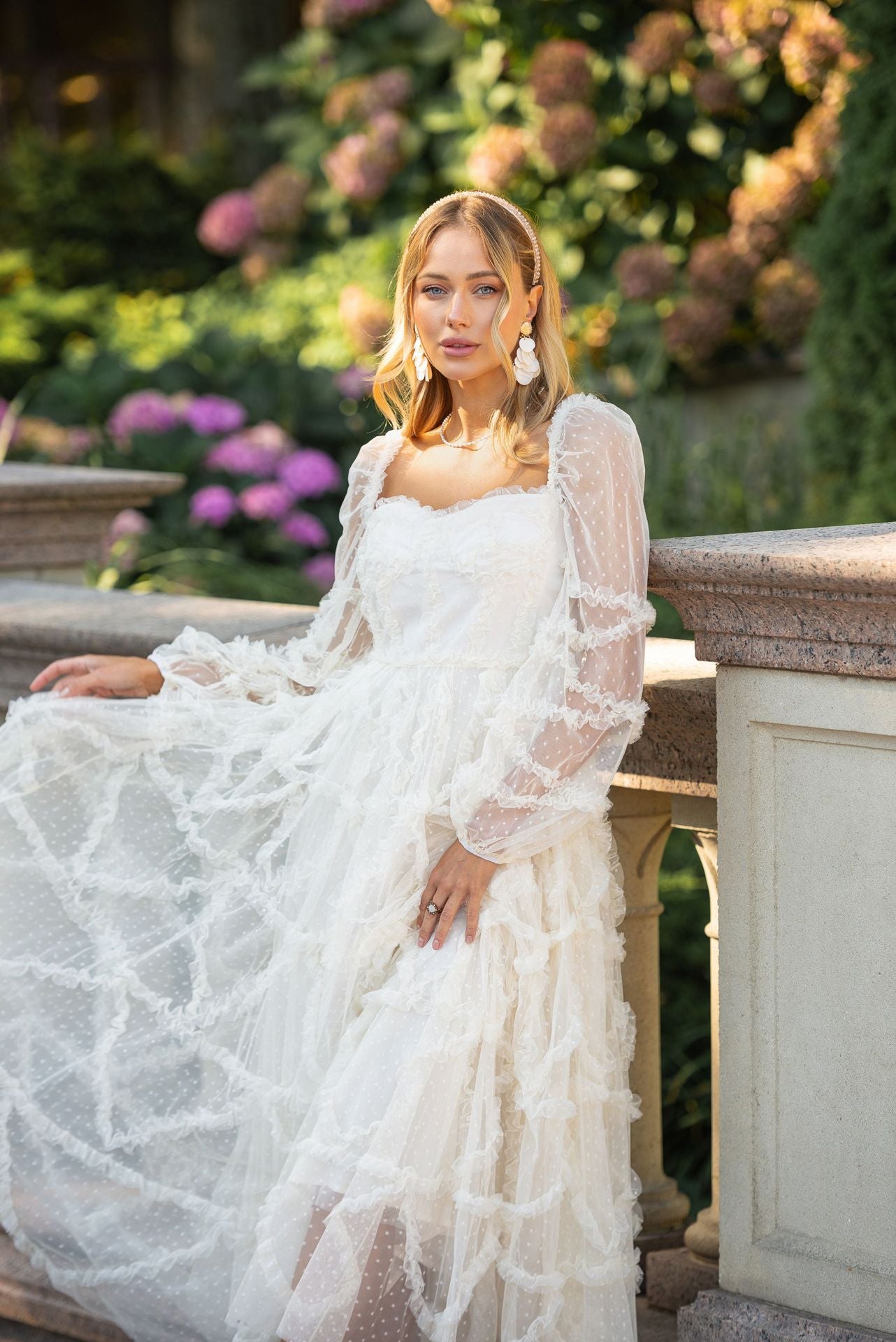 Apricot Sweetheart Polka Dot Tulle Long Sleeve Maxi Prom Dress with Bowknot