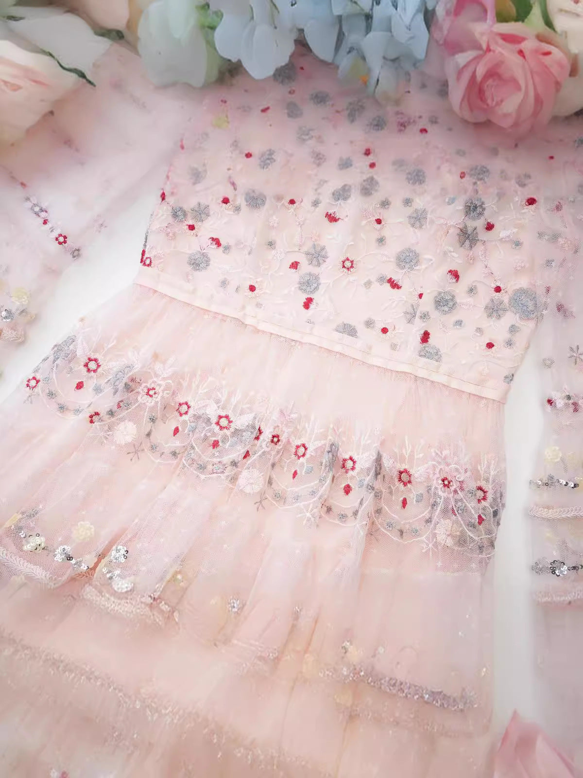 Royal Style High Neck 3/4 Sleeve Sequins Embroidered Tiered Prom Dresses