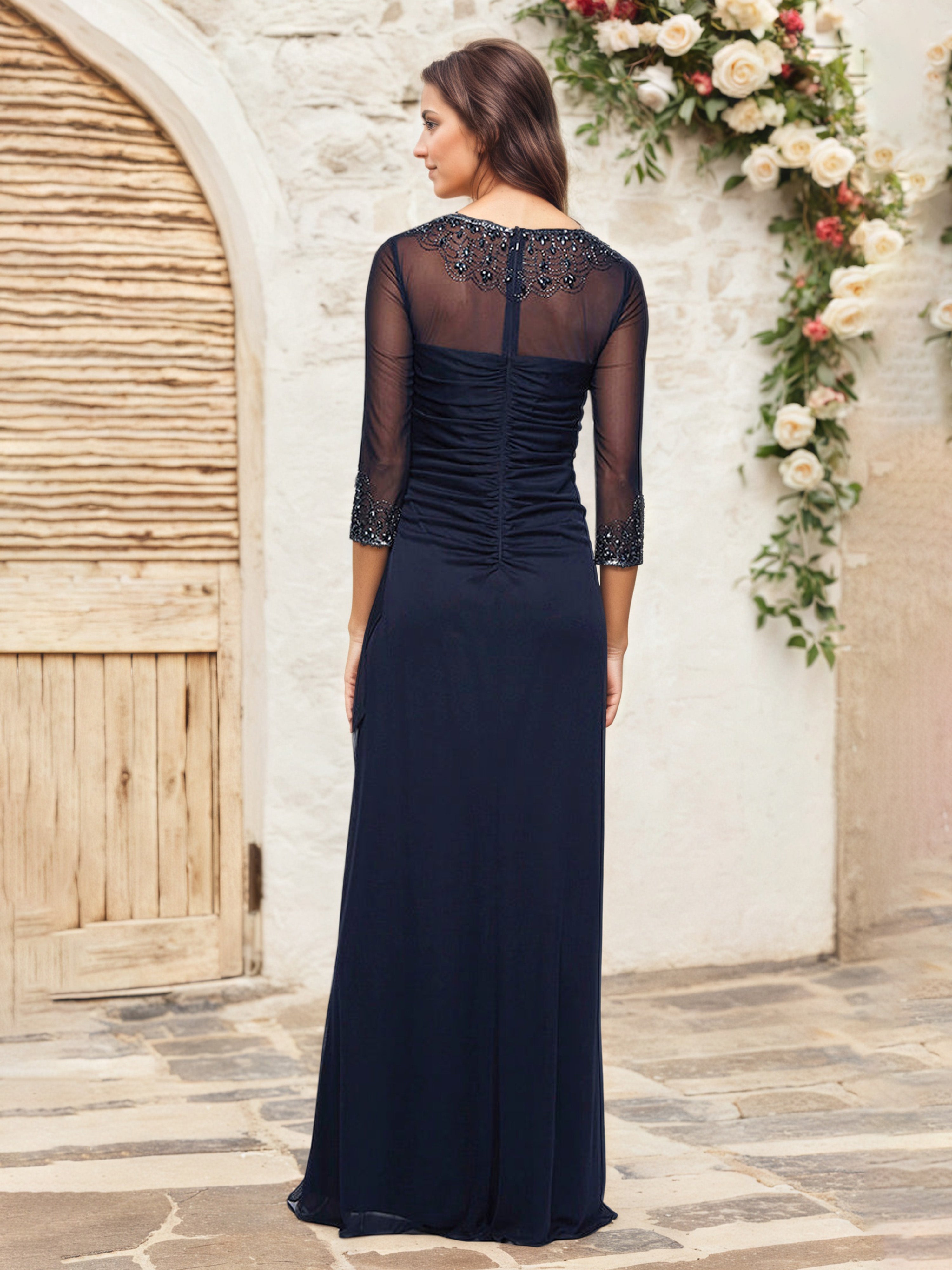 Sheath/Column Jewel 3/4 Length Sleeves Dark Navy Mother Of The Bride Dress