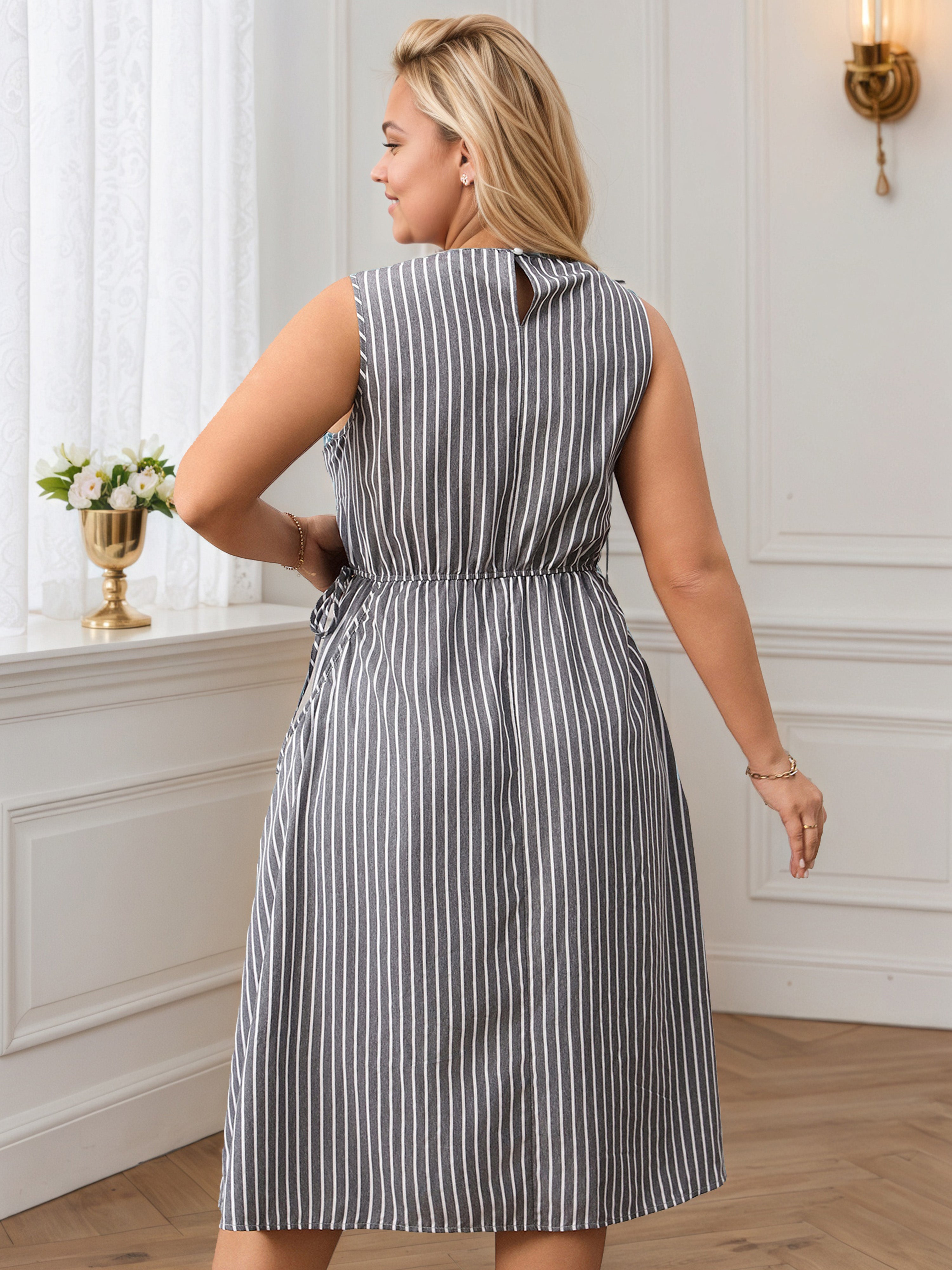Striped Print Grey Sleeveless Tea Length Plus Size Dress