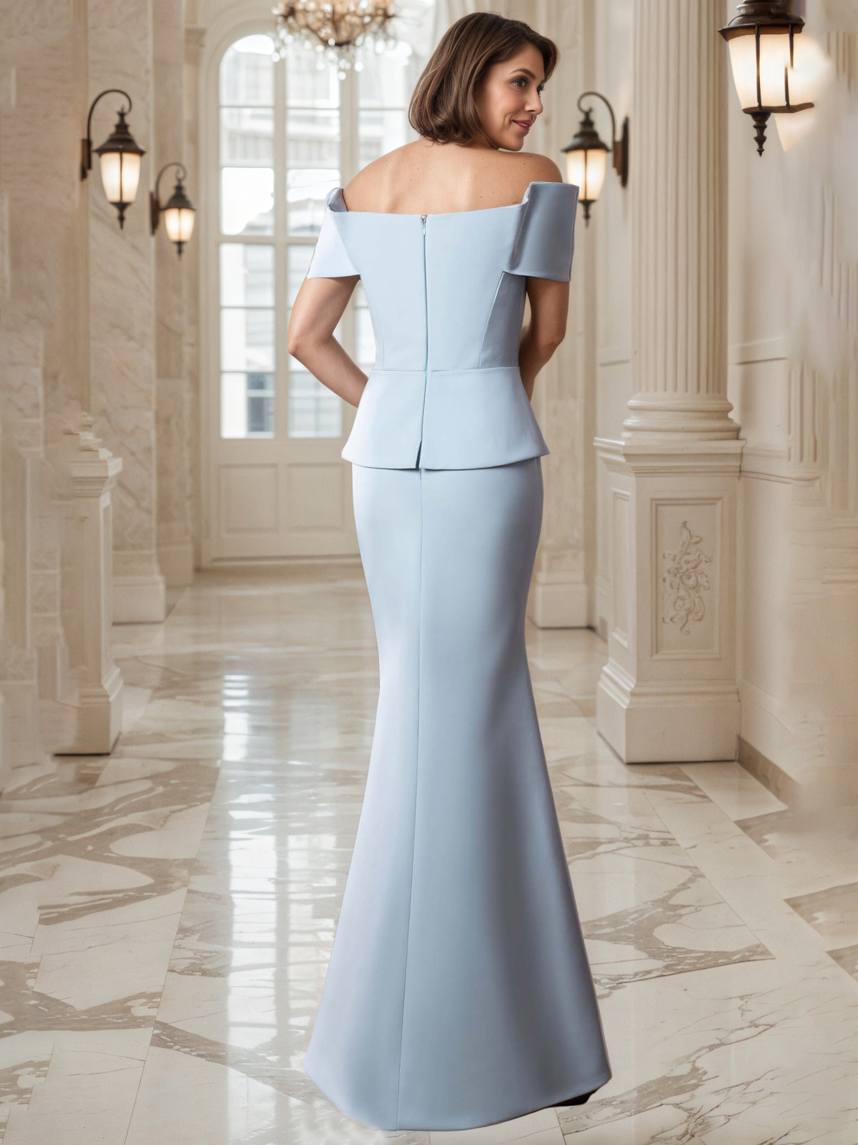 Sky Blue Prom Dress Beaded Waist Off The Shoulder Strapless Prom Dress with Ruffled Cap Sleeves