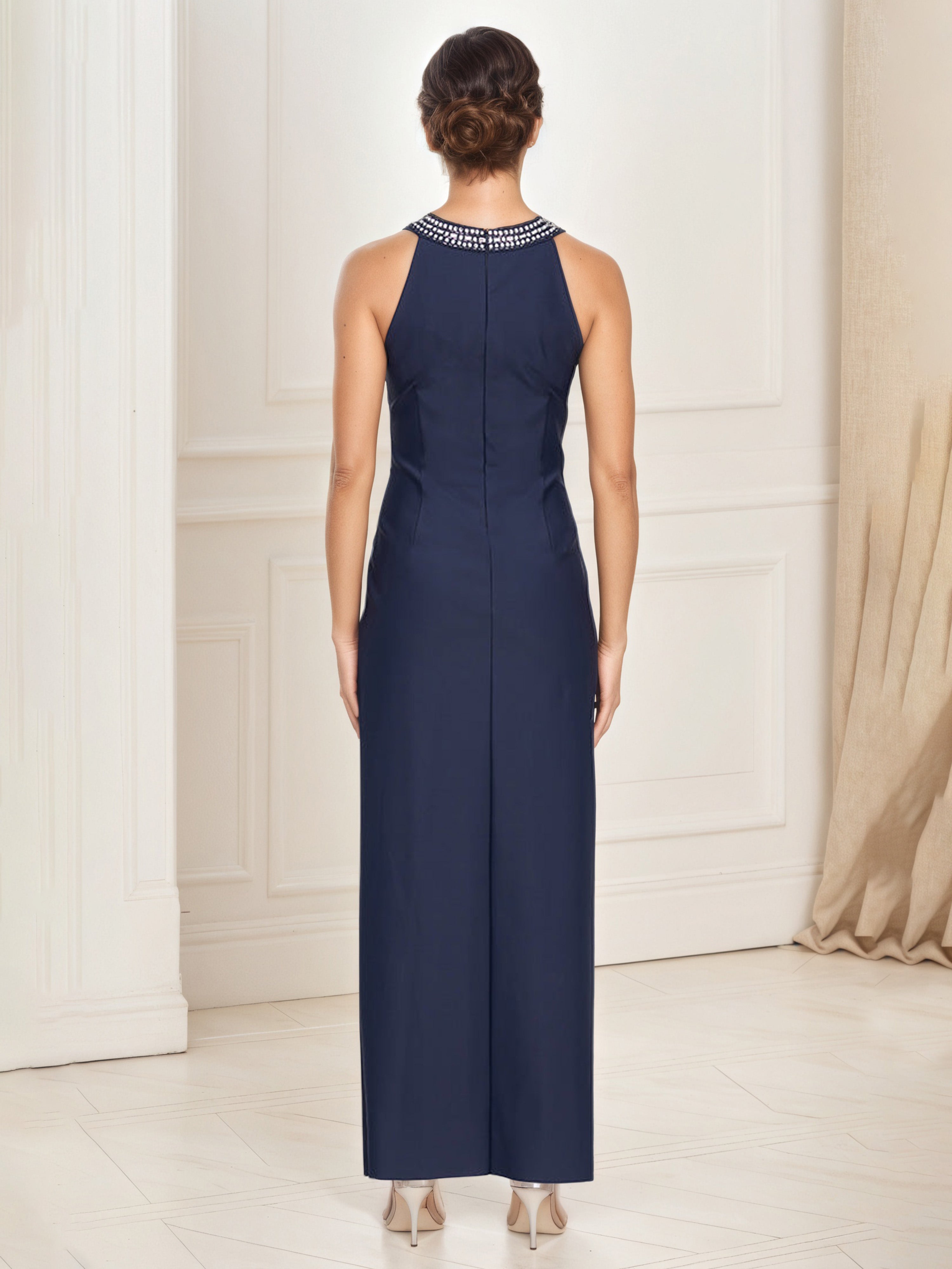 Sheath/Column Beaded Halter Neck Dark Navy Mother Of The Bride Dress