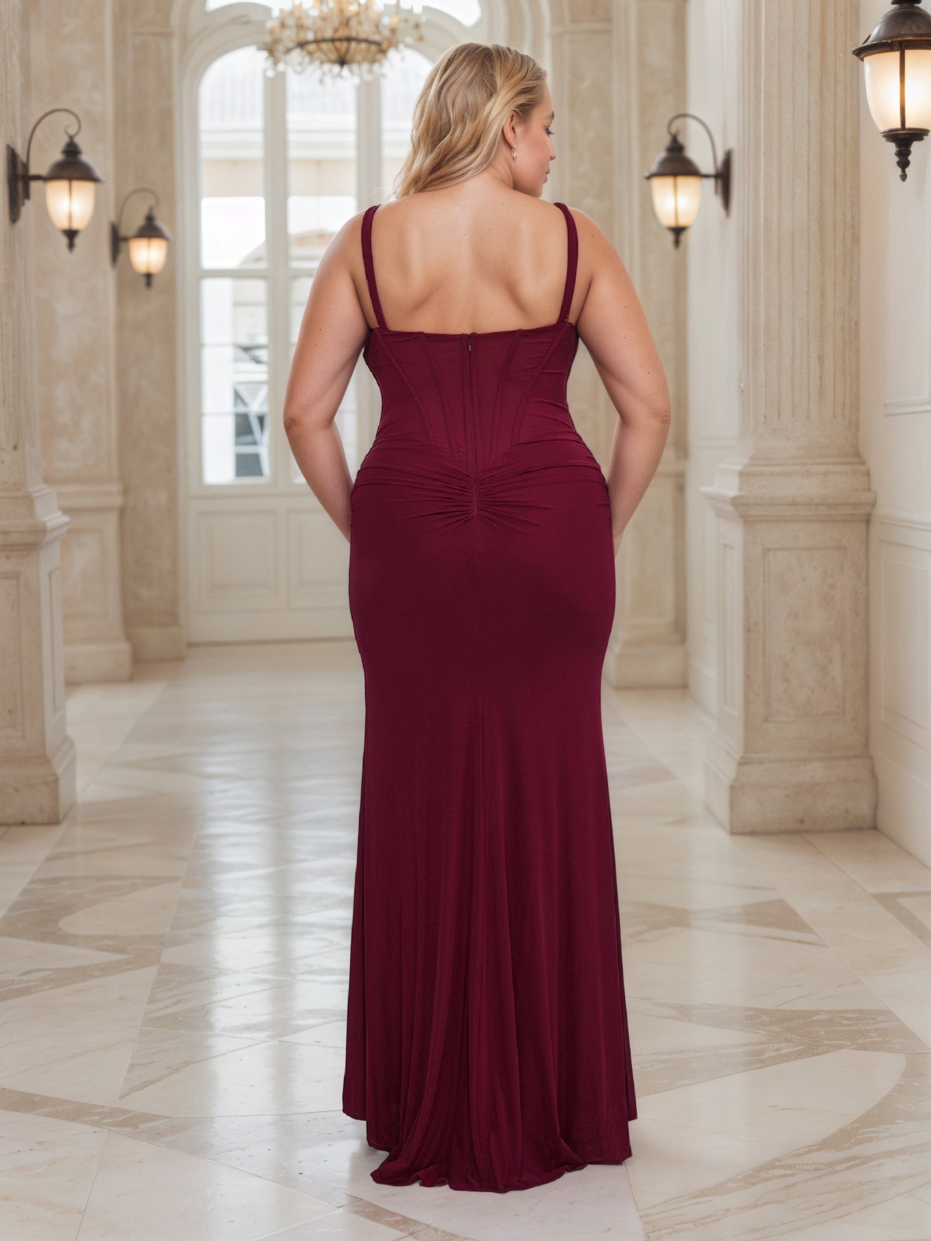 Burgundy Prom Dress Spaghetti Straps Sheath Plus Size Dress with Split