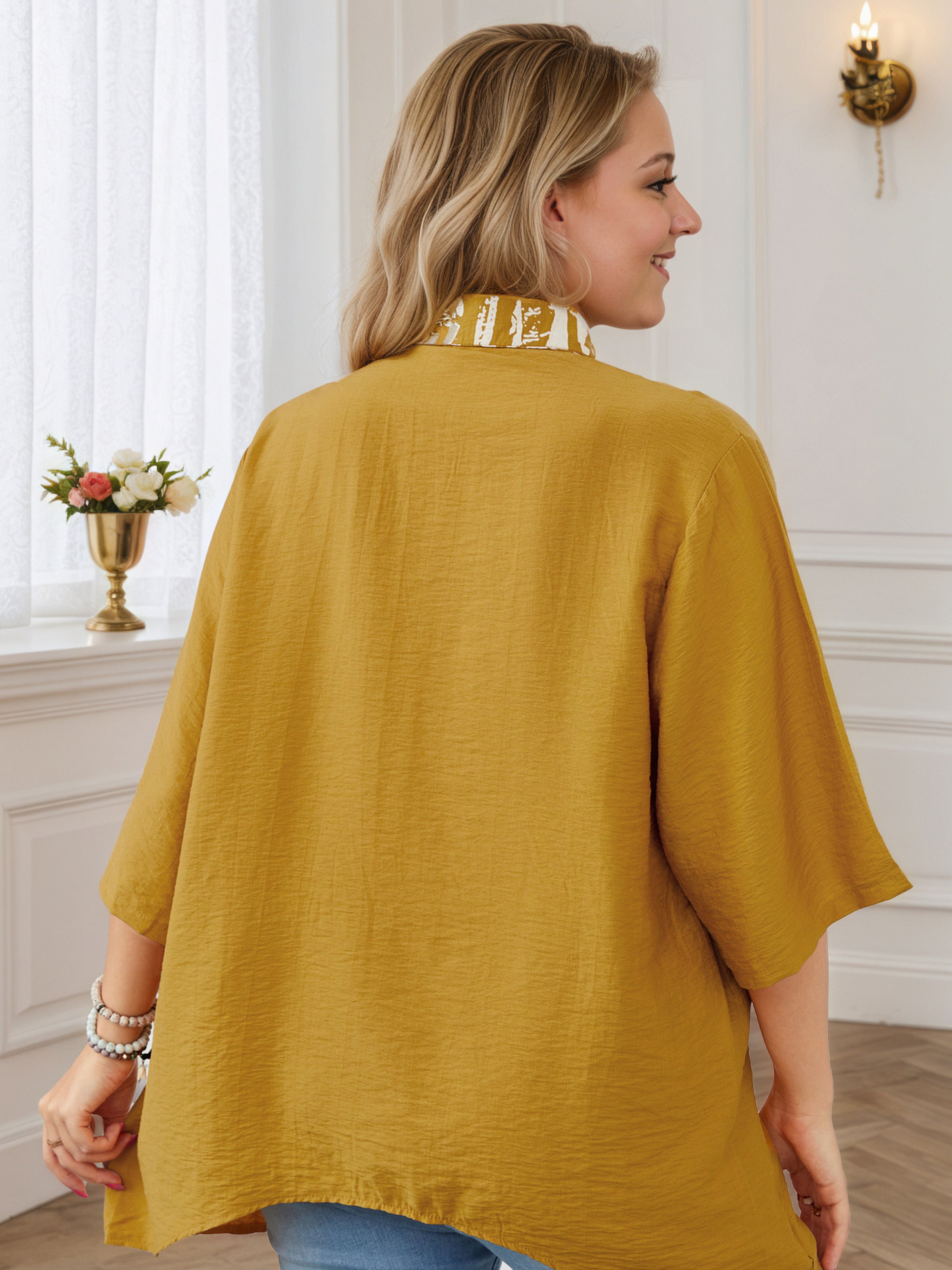 Plus Front Bottom Gold Round Neck Asymmetrical Hem Tee