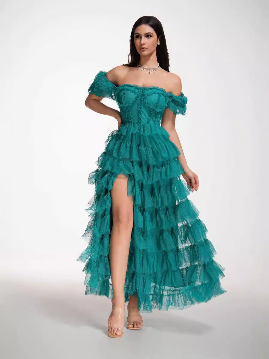 Sweet Polka Dot Ball Gown Off The Shoulder Green Long Prom Dress