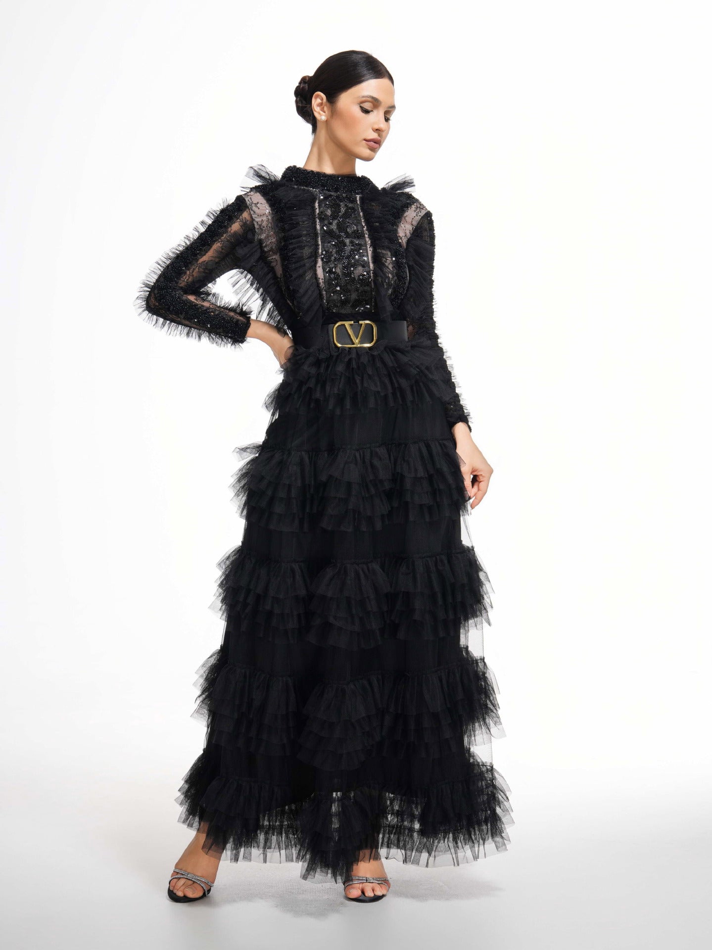 Elegant High Neck Sleeves Layers Prom Dress With Belt