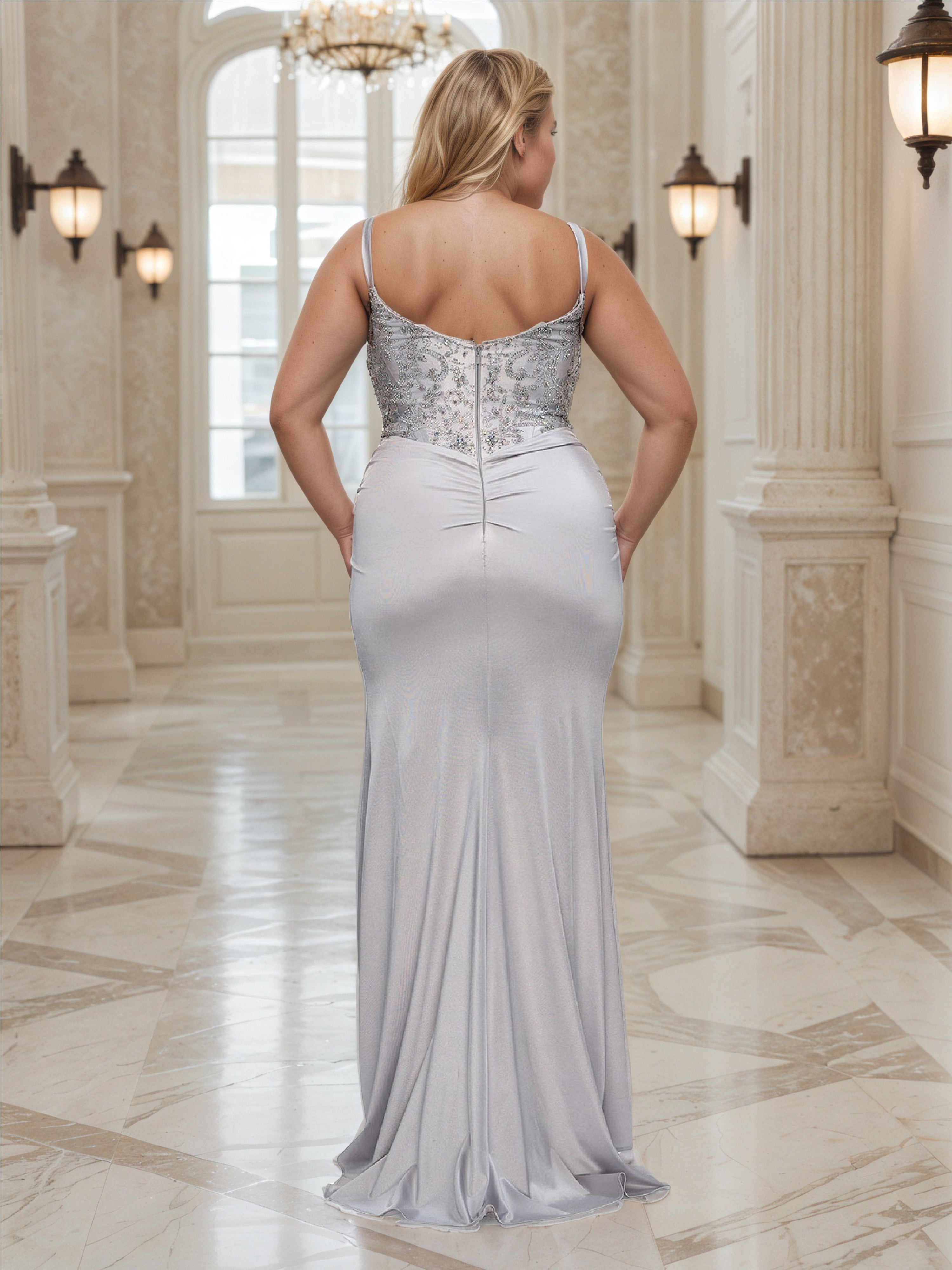 V-Neck Sliver Prom Dress Spaghetti Straps Illusion Beading Bodice Plus Size Dress with Split