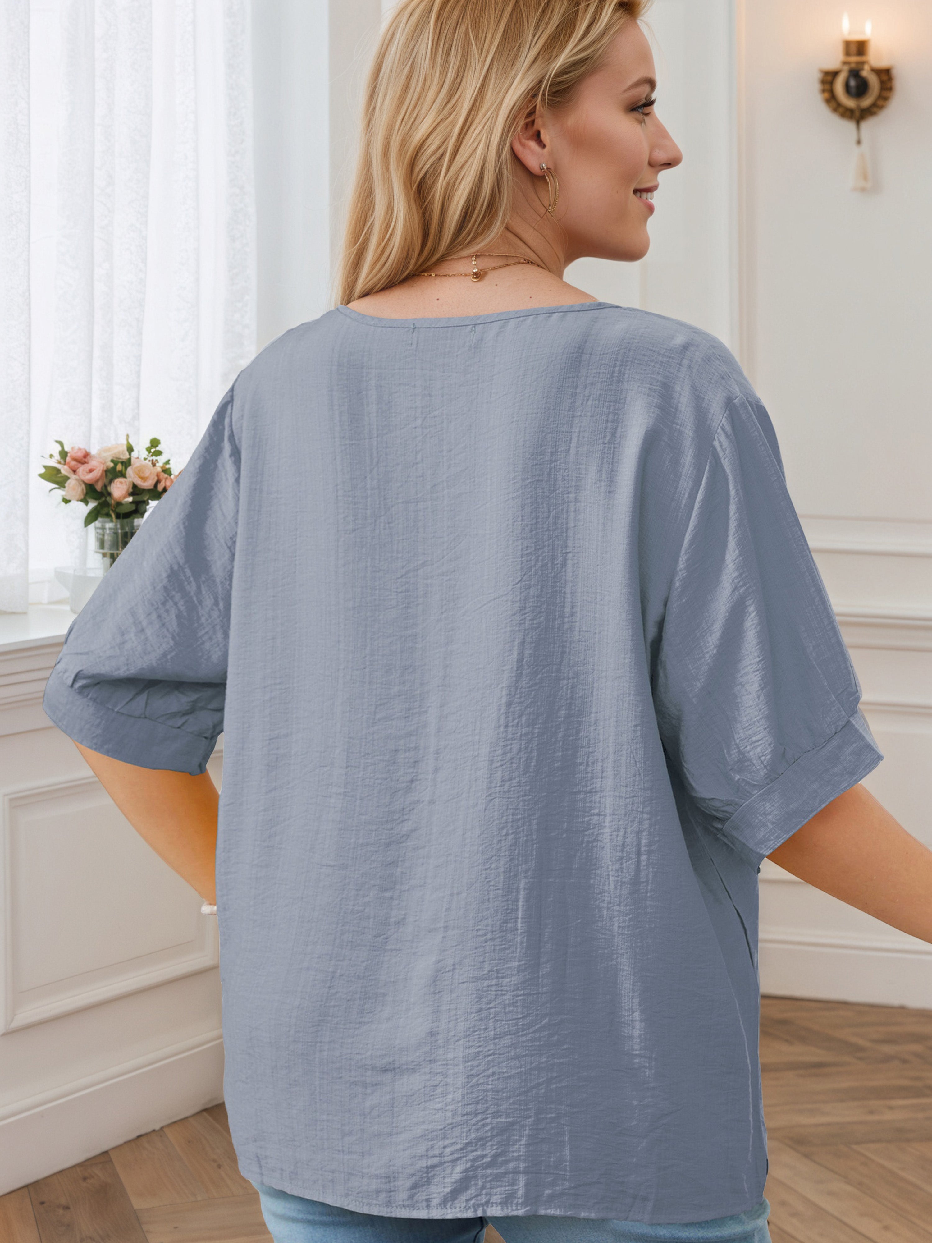 Plain Patchwork Plus Dusty Blue Round Neck Blouse