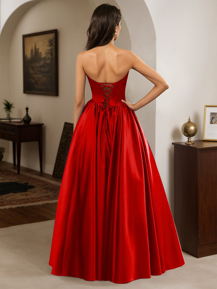 Cicinia Red Prom Dresses Satin Strapless A-Line Floor Length Sleeveless Pretty Gown