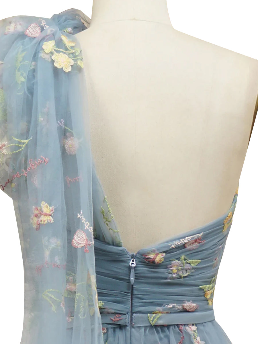 Cicinia Dusty Blue Prom Dresses Lace Tulle A-Line Sleeveless One Shoulder Long Evening Gown