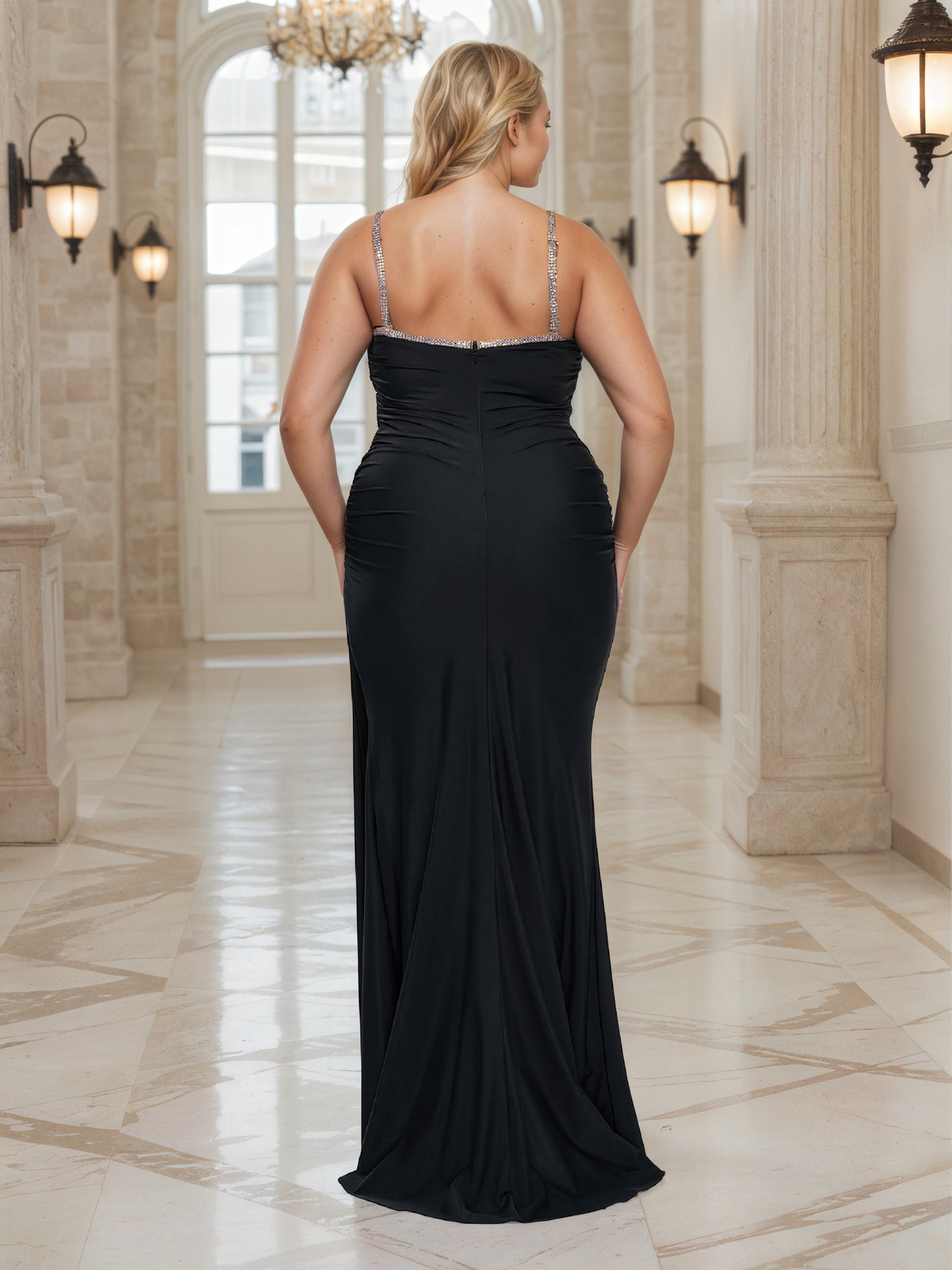 Black Prom Dress Spaghetti Straps Sheath Plus Size Dress with Beading Neckline