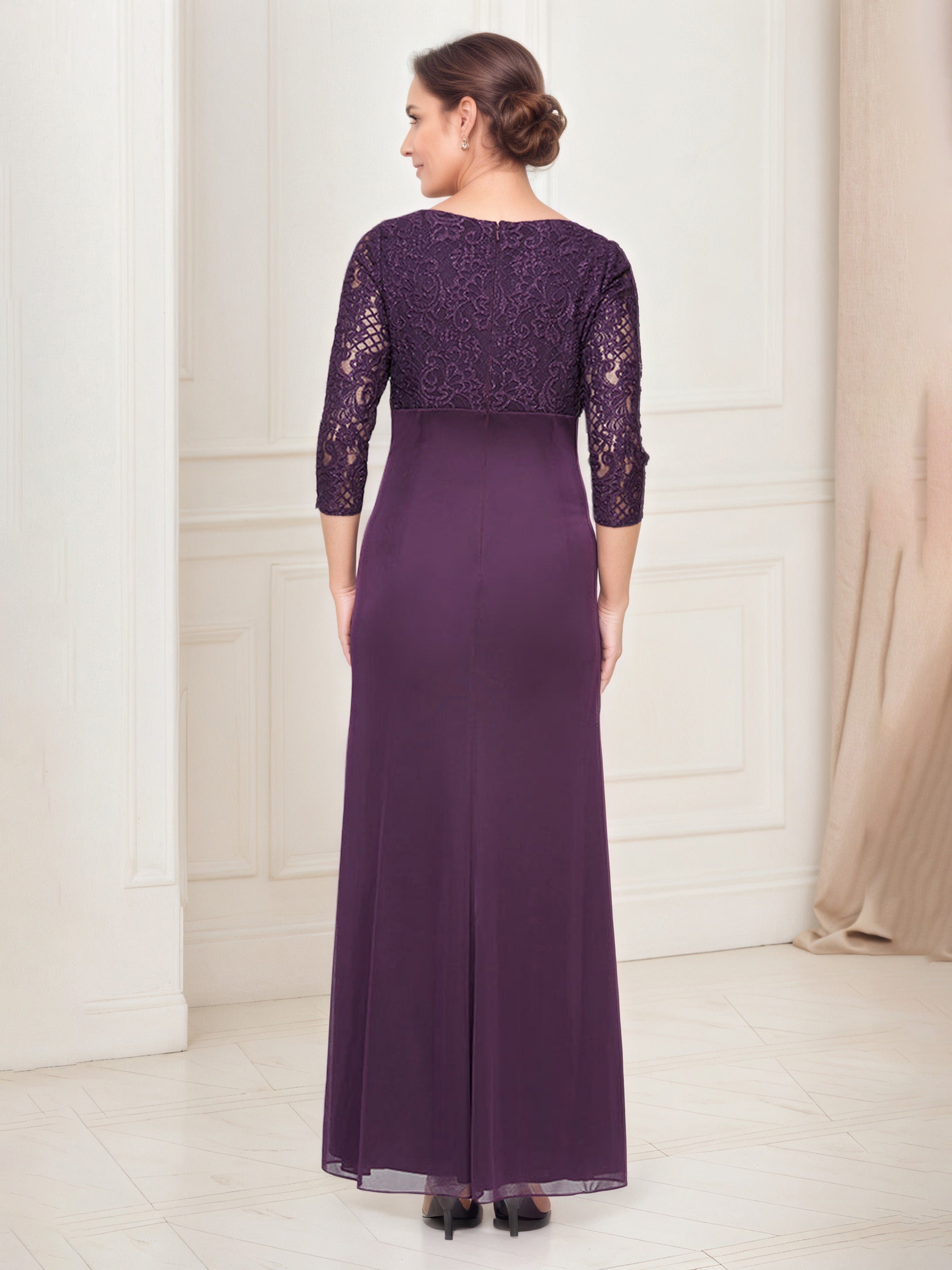 Aubergine Sheath/Column V-Neck Illusion Floor-Length Lace Chiffon Mother of the Bride Dress