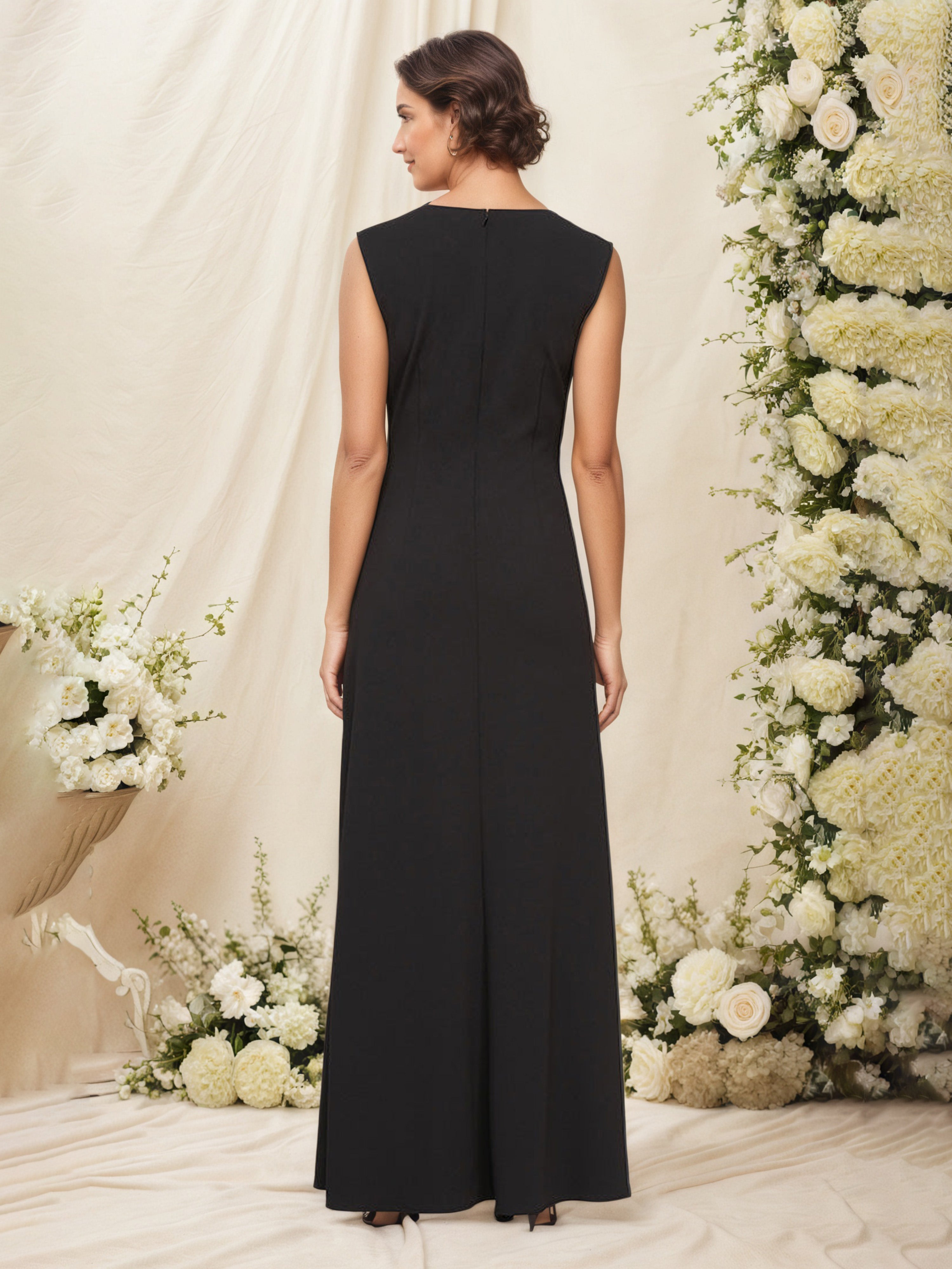 Black Long Square Neck Mother Of The Bride Dress with Cascade Ruffle