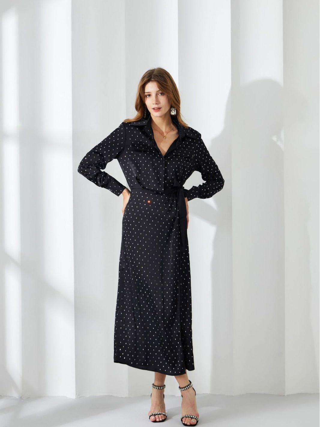 A-Line Polka Dot Rhinestone Long Sleeve Bowknot Black Prom Dress