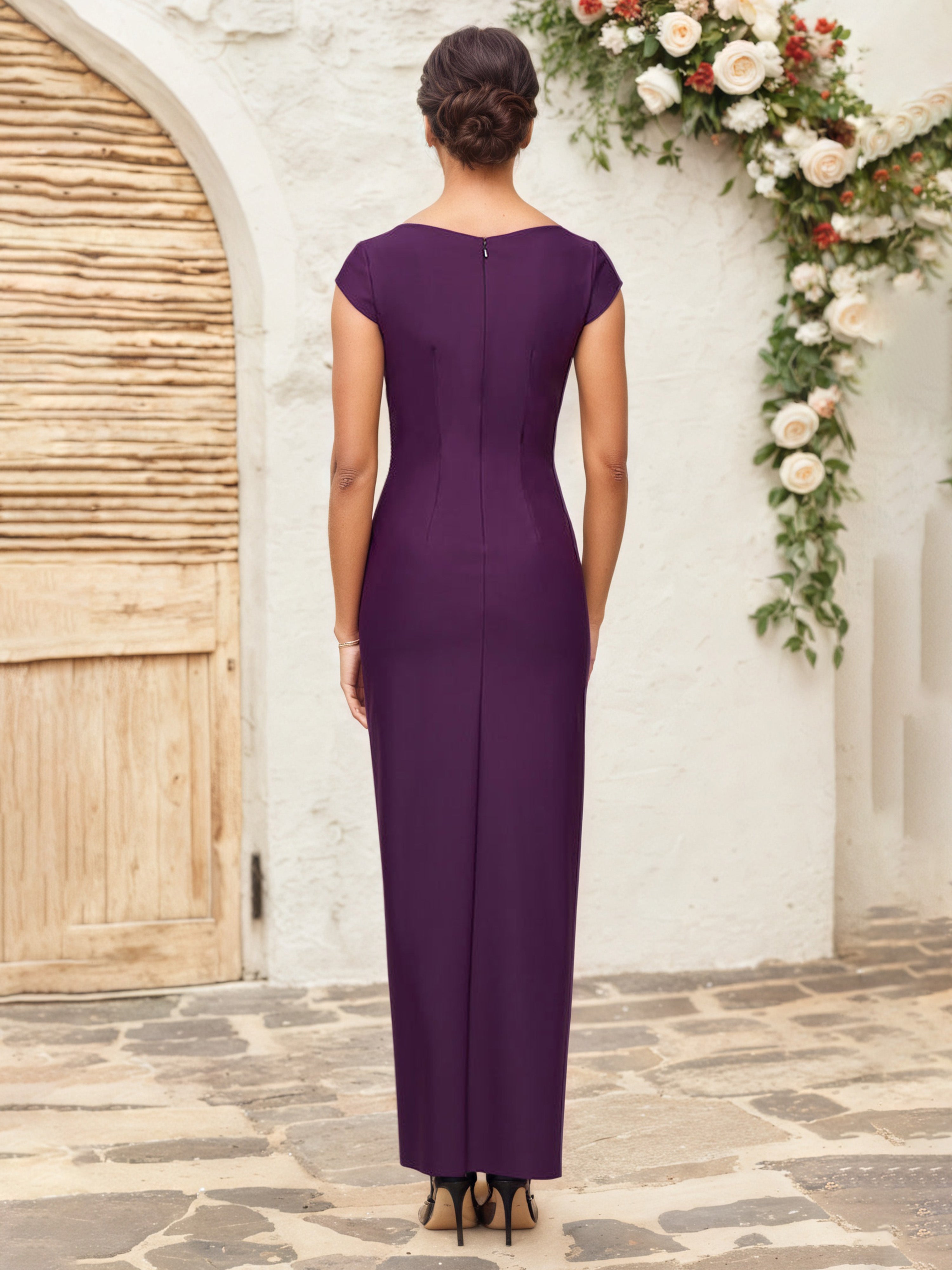 V Neck Cap Sleeves Pleats Sheath/Column Grape Mother Of The Bride Dress