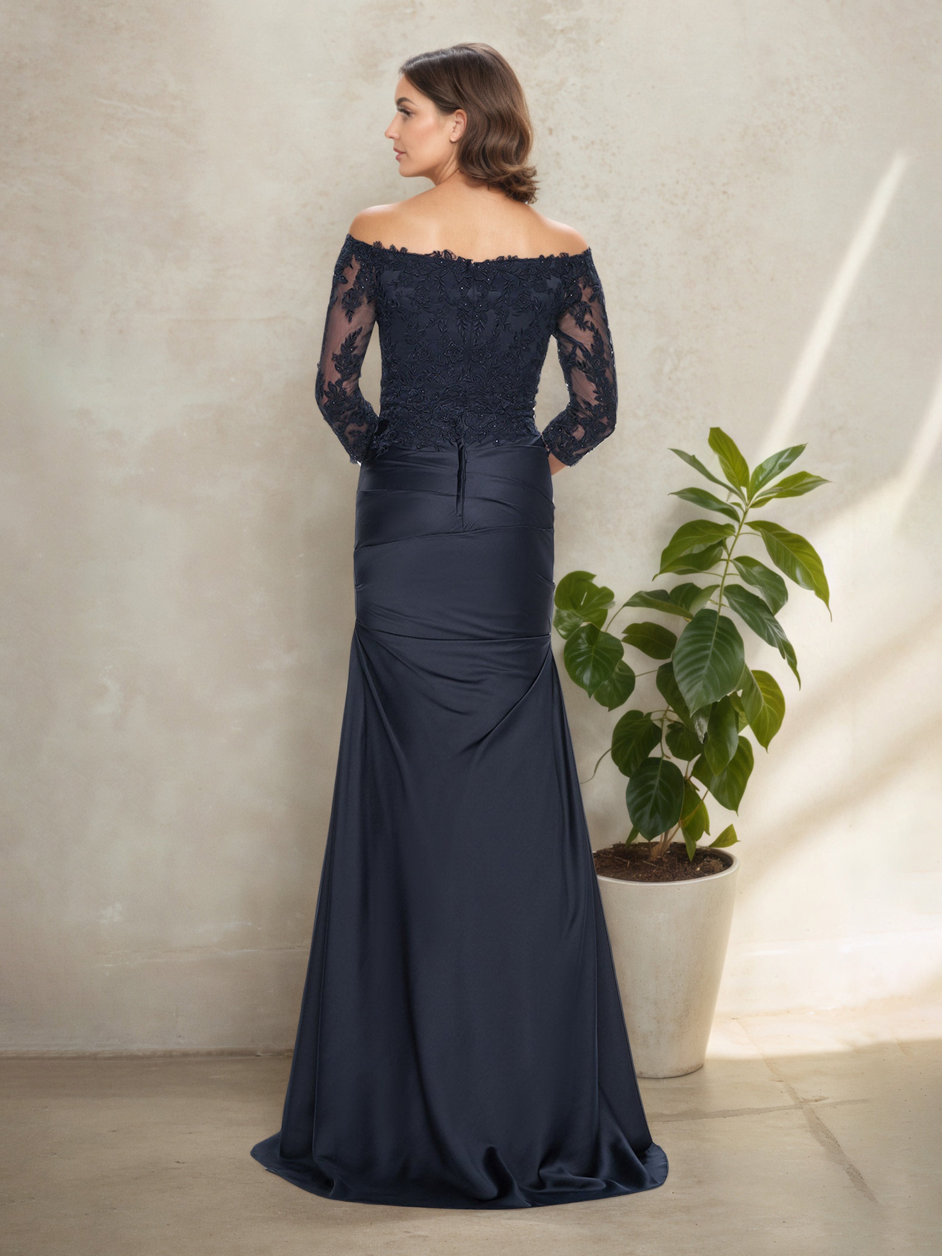Off The Shoulder Long Sleeves Dark Navy Ruched Mother Of The Bride Dress