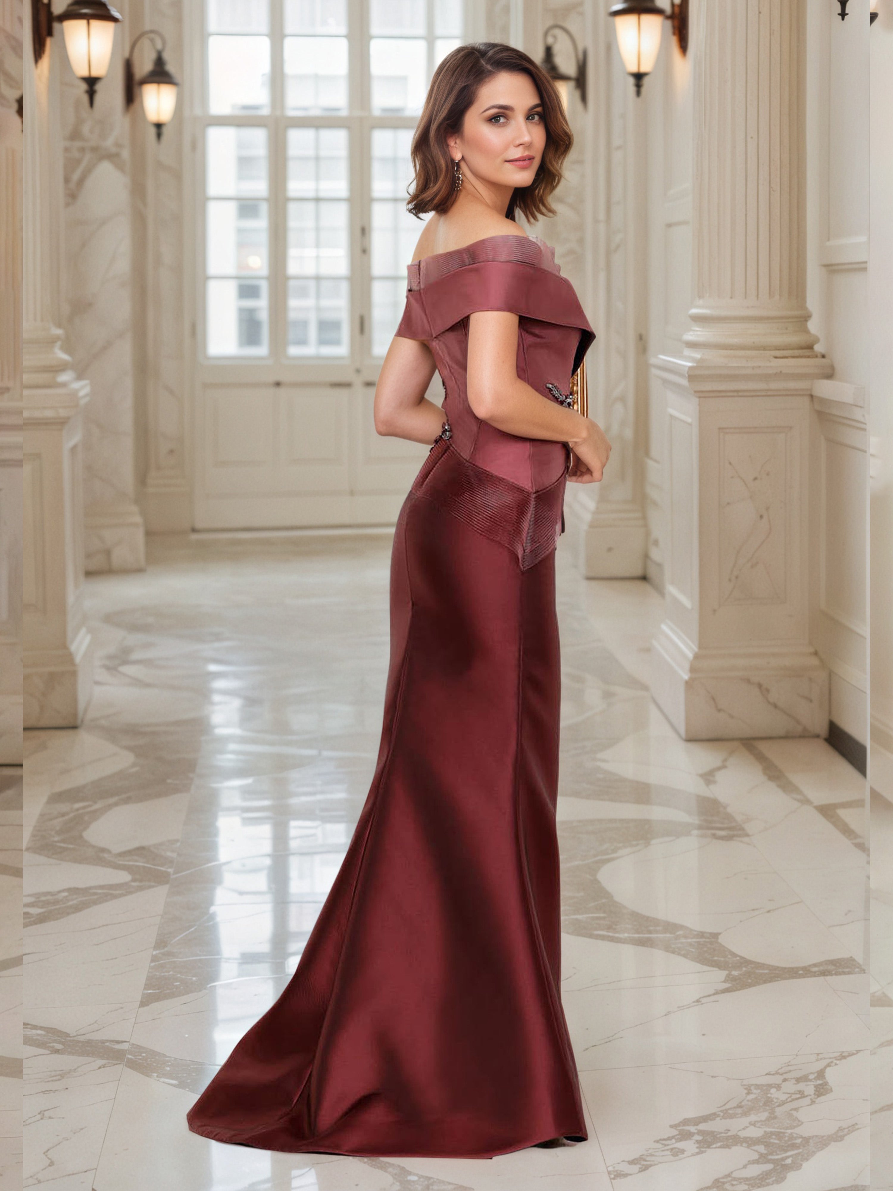 Rust Satin Prom Dresses Sweep/Brush Train Off The Shoulder Prom Dress with Beading
