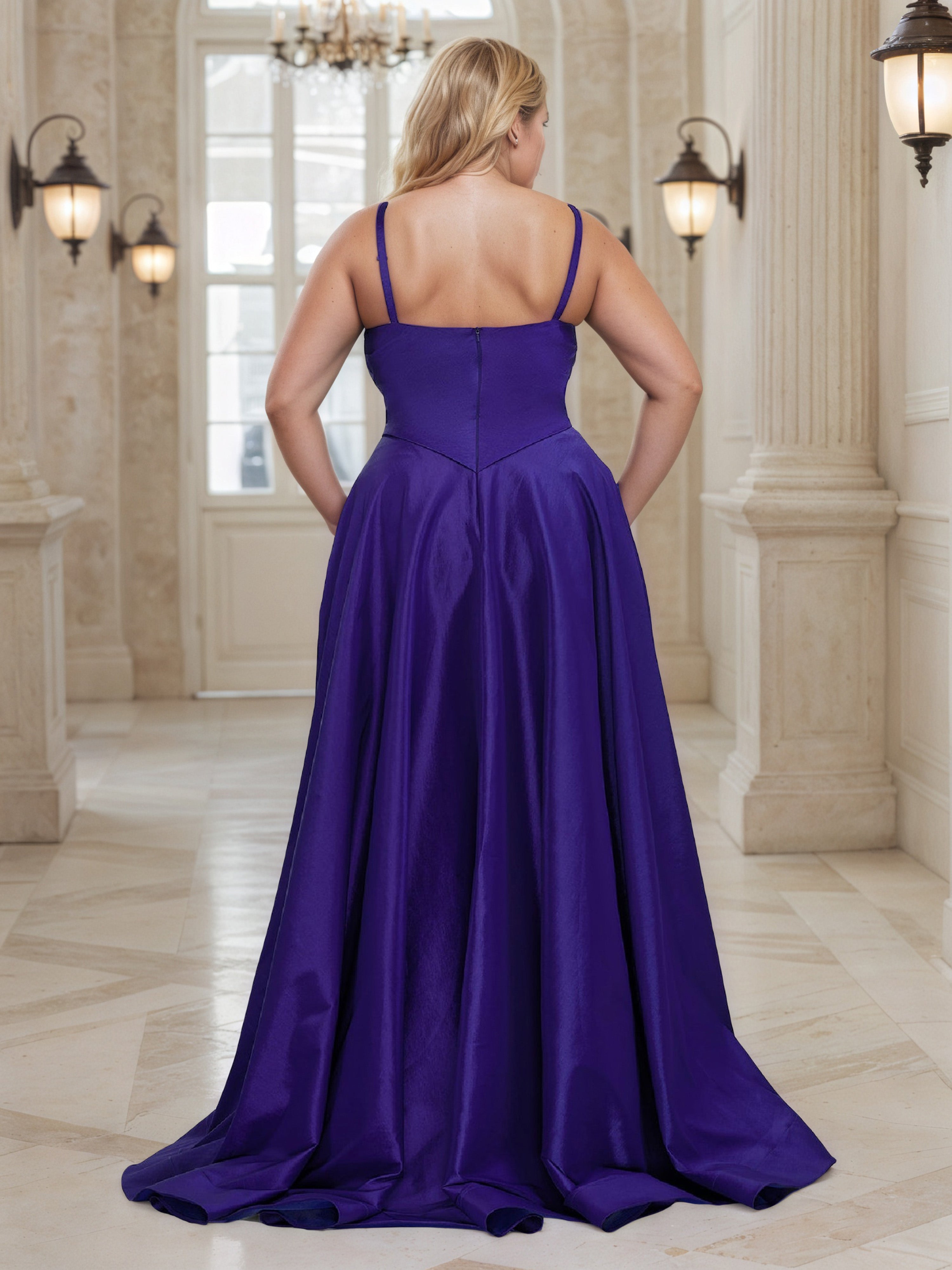 V-Neck Regency Spaghetti Straps Satin Prom Dress A-Line Plus Size Dress with Split