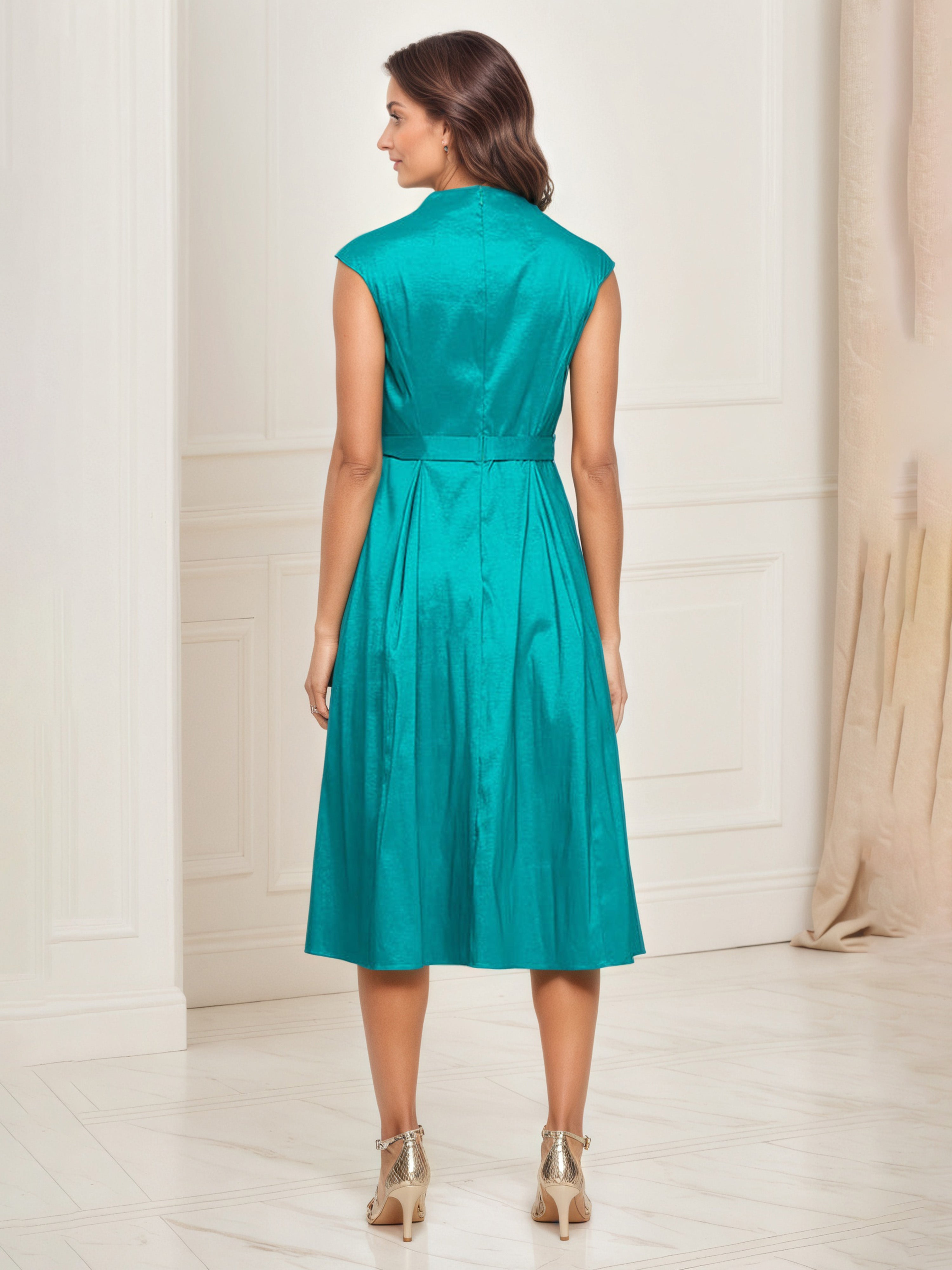Tea Length A-Line V-neck Tie Waist Mother Of The Bride Dress Jade