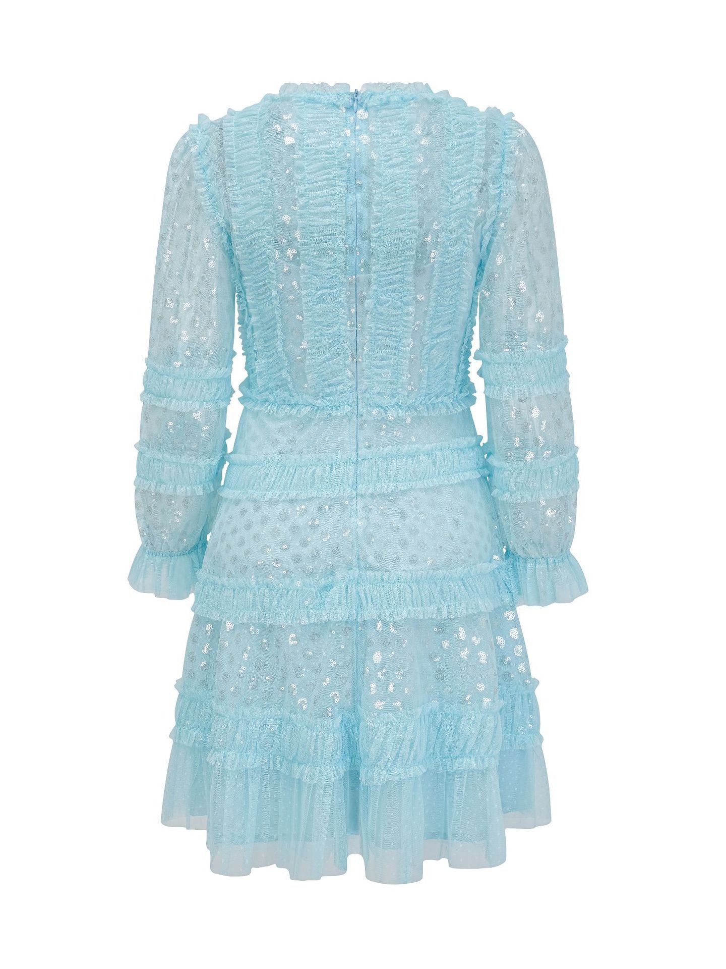 Shiny Sky Blue Round Neck Sequins Long Sleeves Short Prom dress