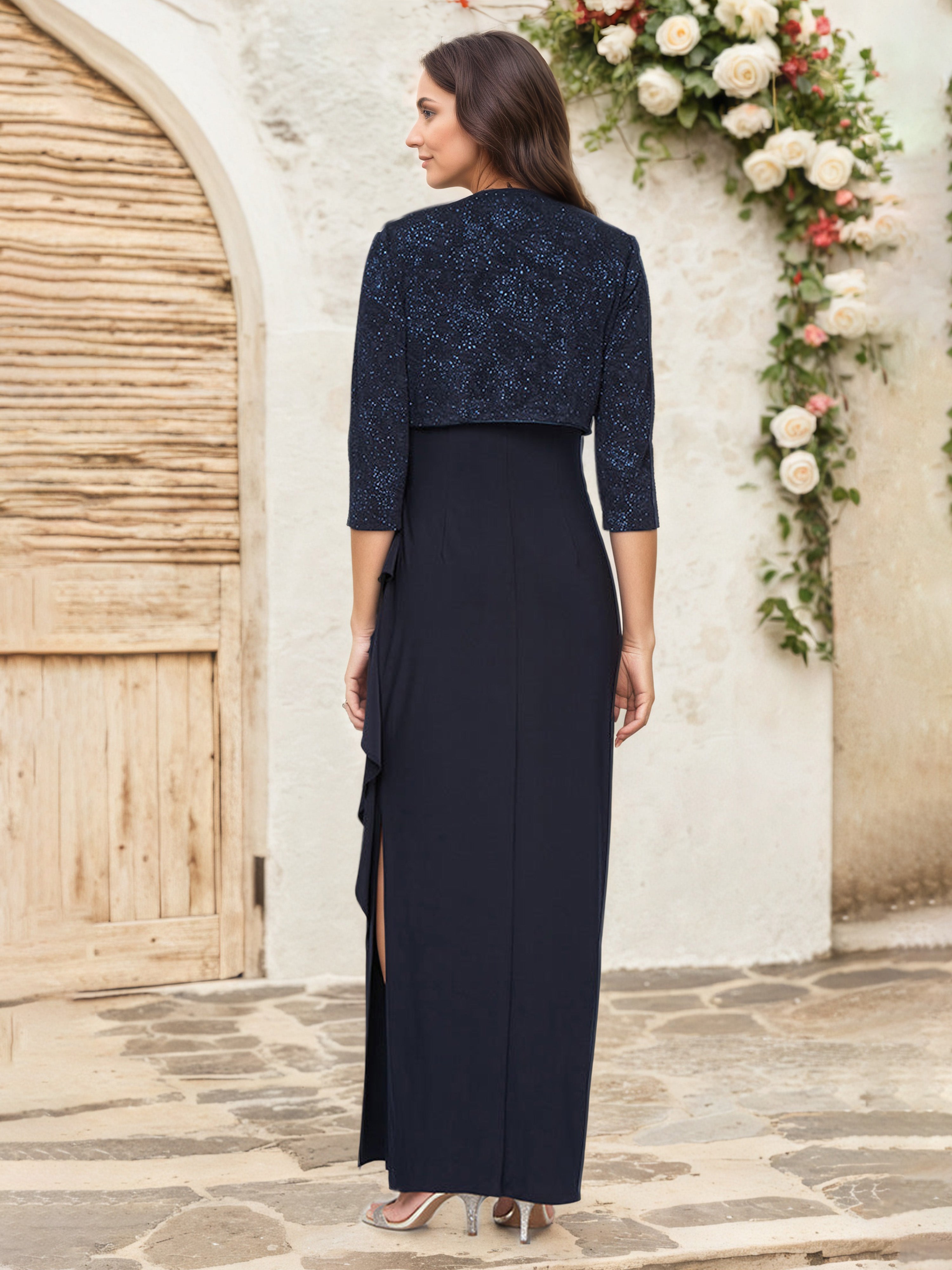 Scoop Sheath/Column Lace Dark Navy Chiffon Mother Of The Bride Dress Suits