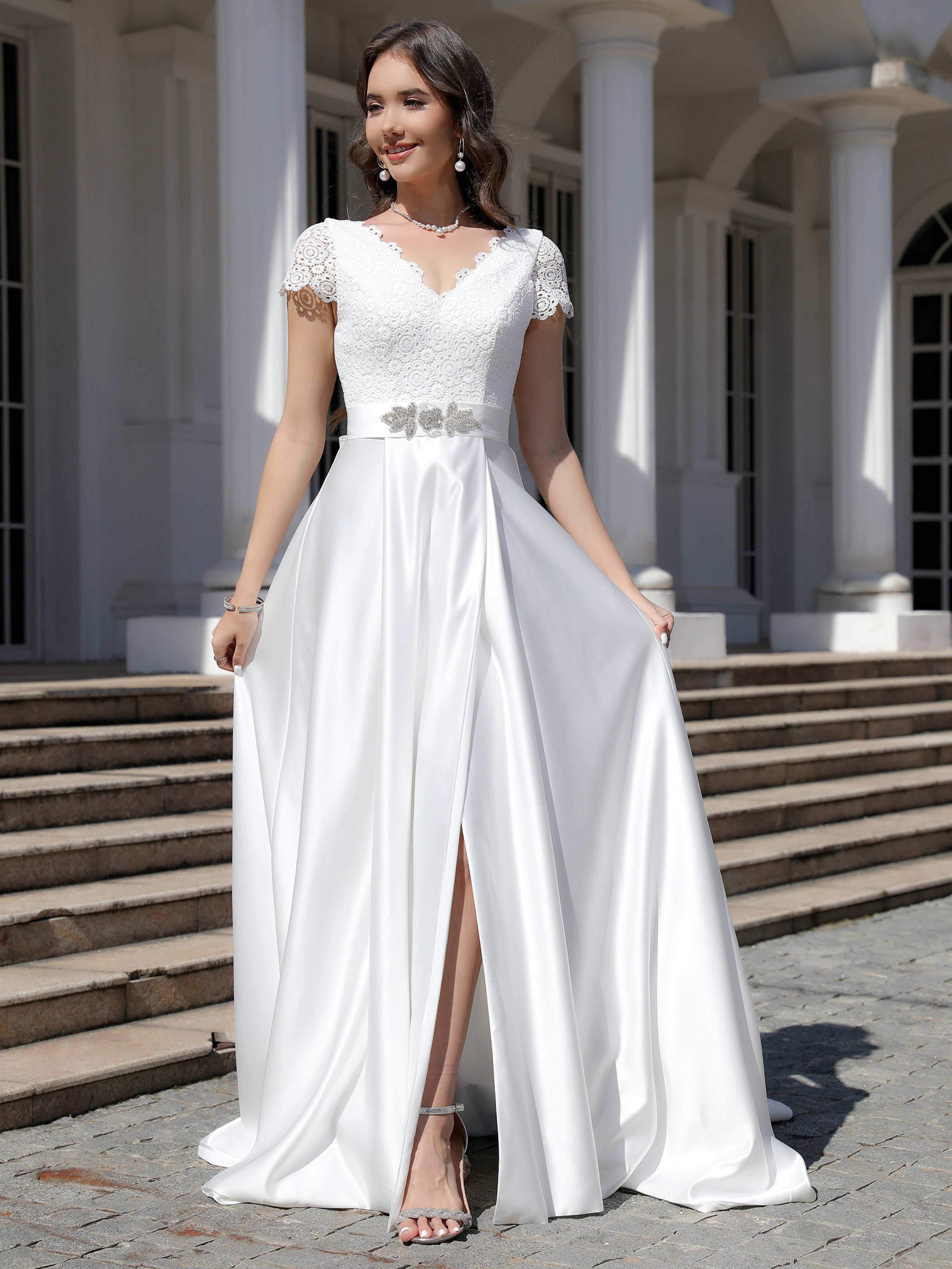 Sweep/Brush Train A Line Short Sleeves Lace Satin Wedding Dress With Beading