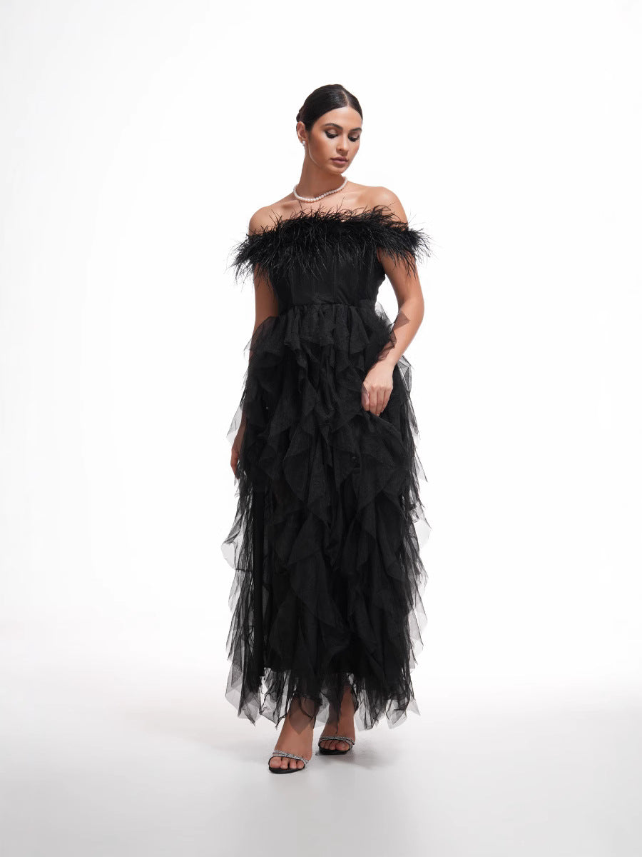 Elegant Strapless Black Ball Gown Backless Long Prom Dress