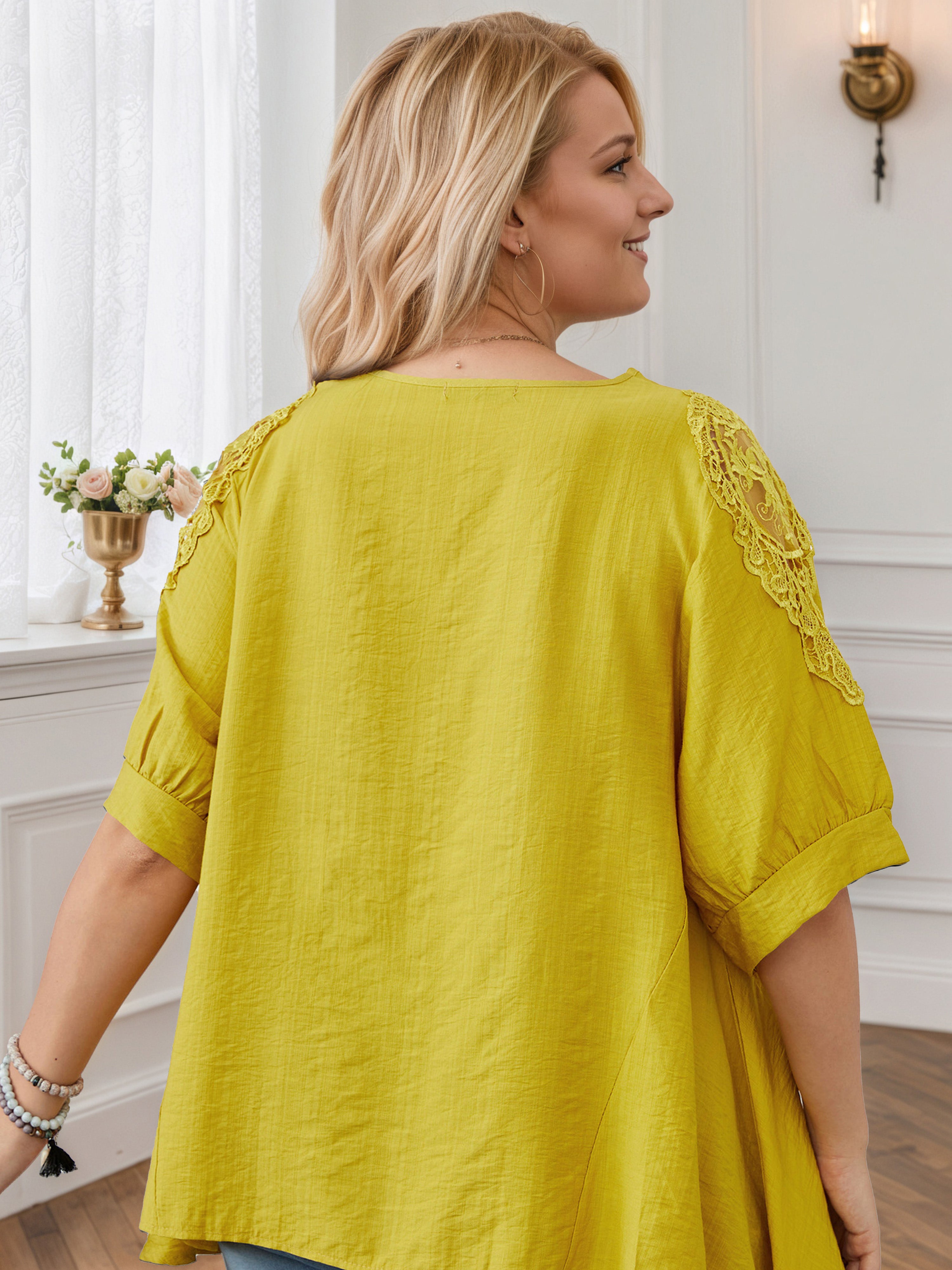 Plus Size Solid Color Round Neck Loose Yellow Blouse