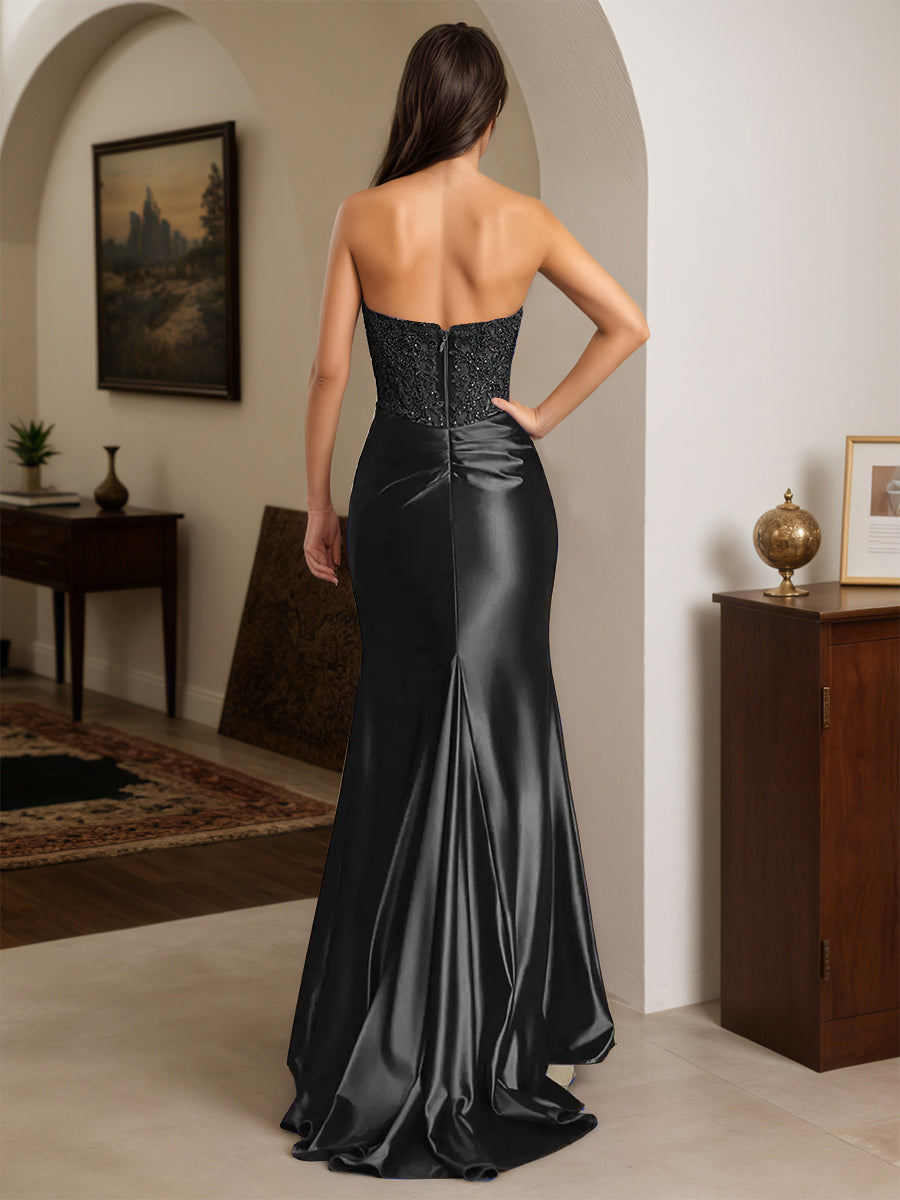Cicinia Black Prom Dresses Stretch Satin Trumpet Strapless Appliques Slit Lace Evening Dress