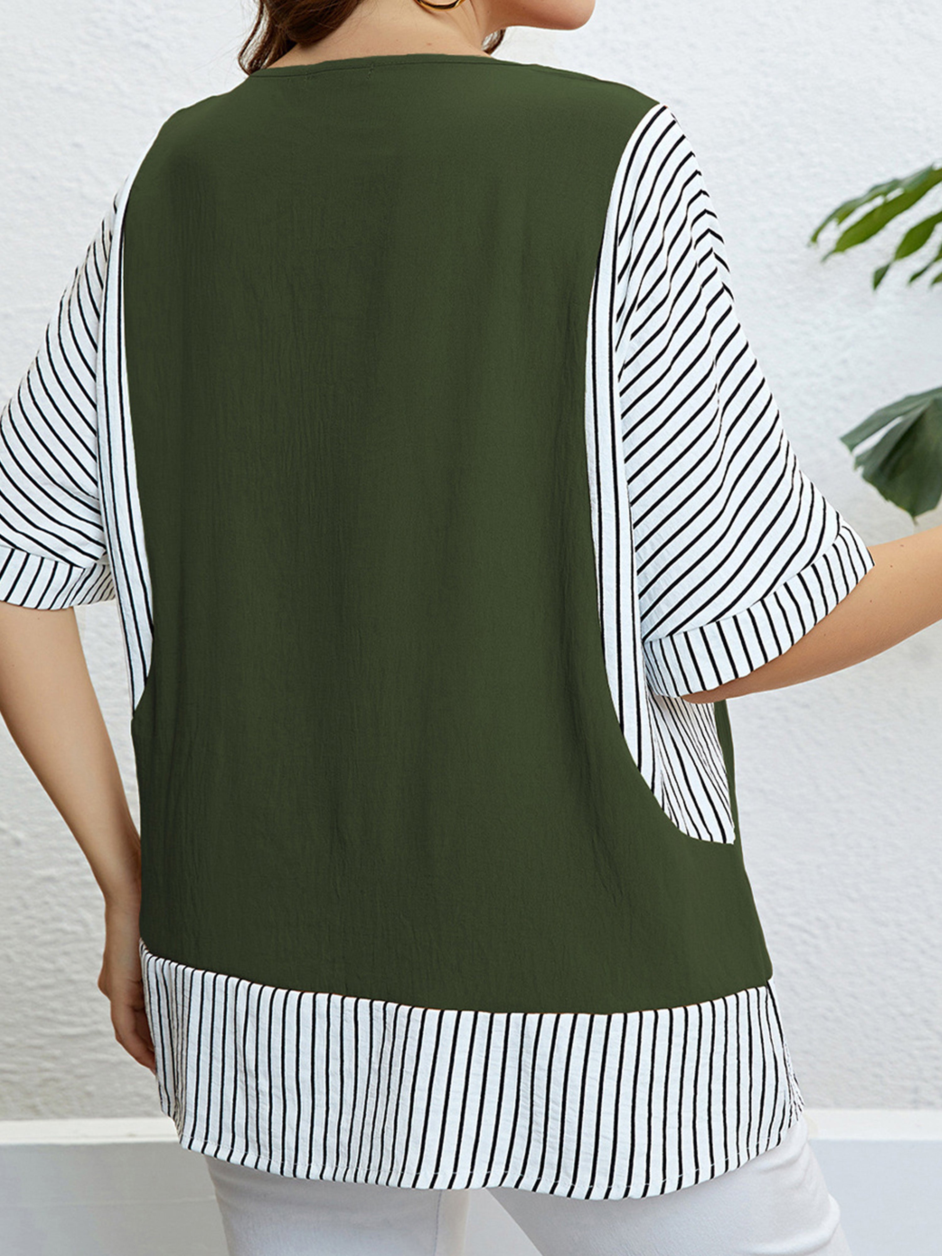 Striped Print Dark Olive Green Round Neck Half Sleeve Tee