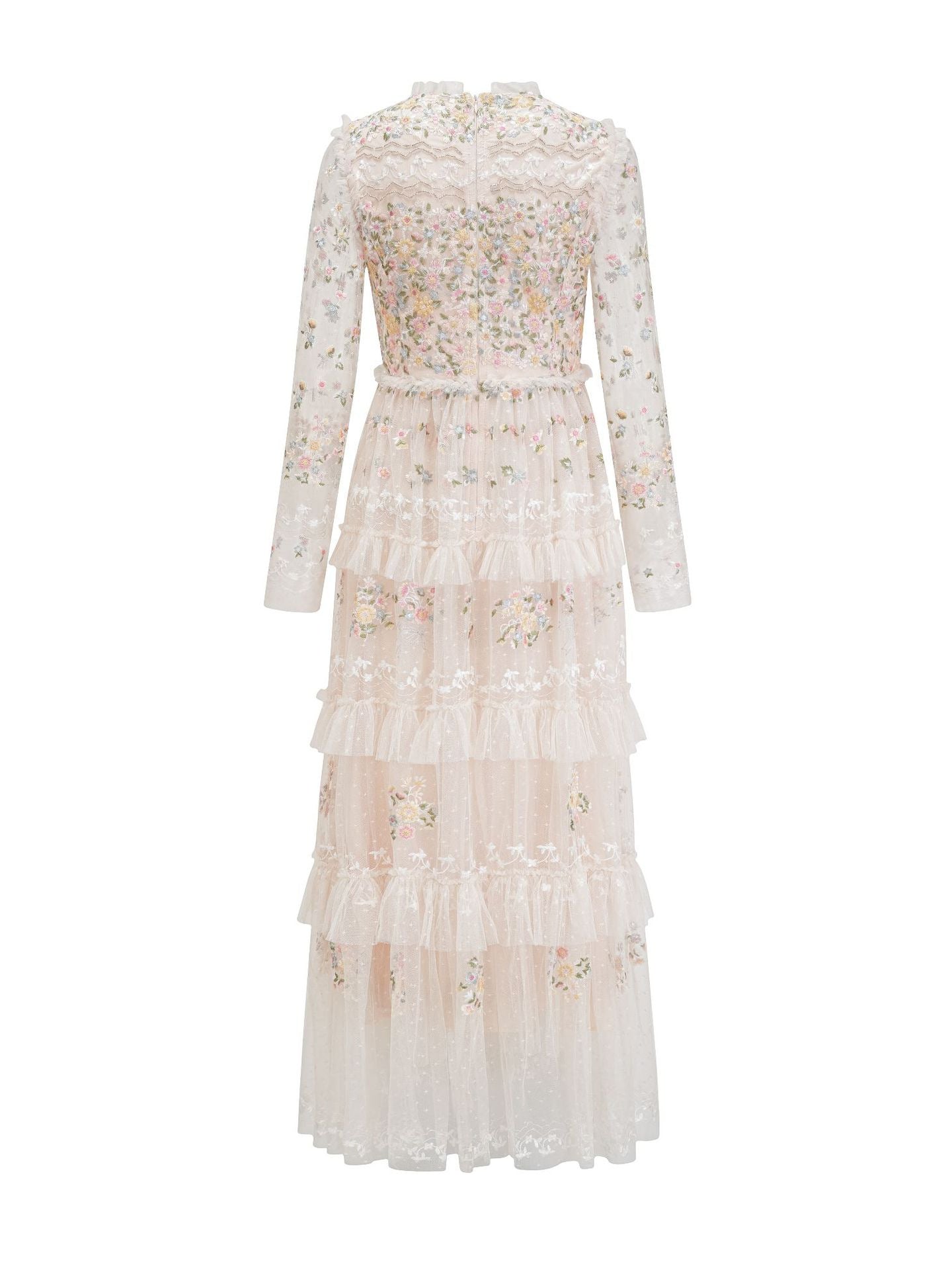 A Line Long Sleeve Floral Embroidered Tiered Prom Dress