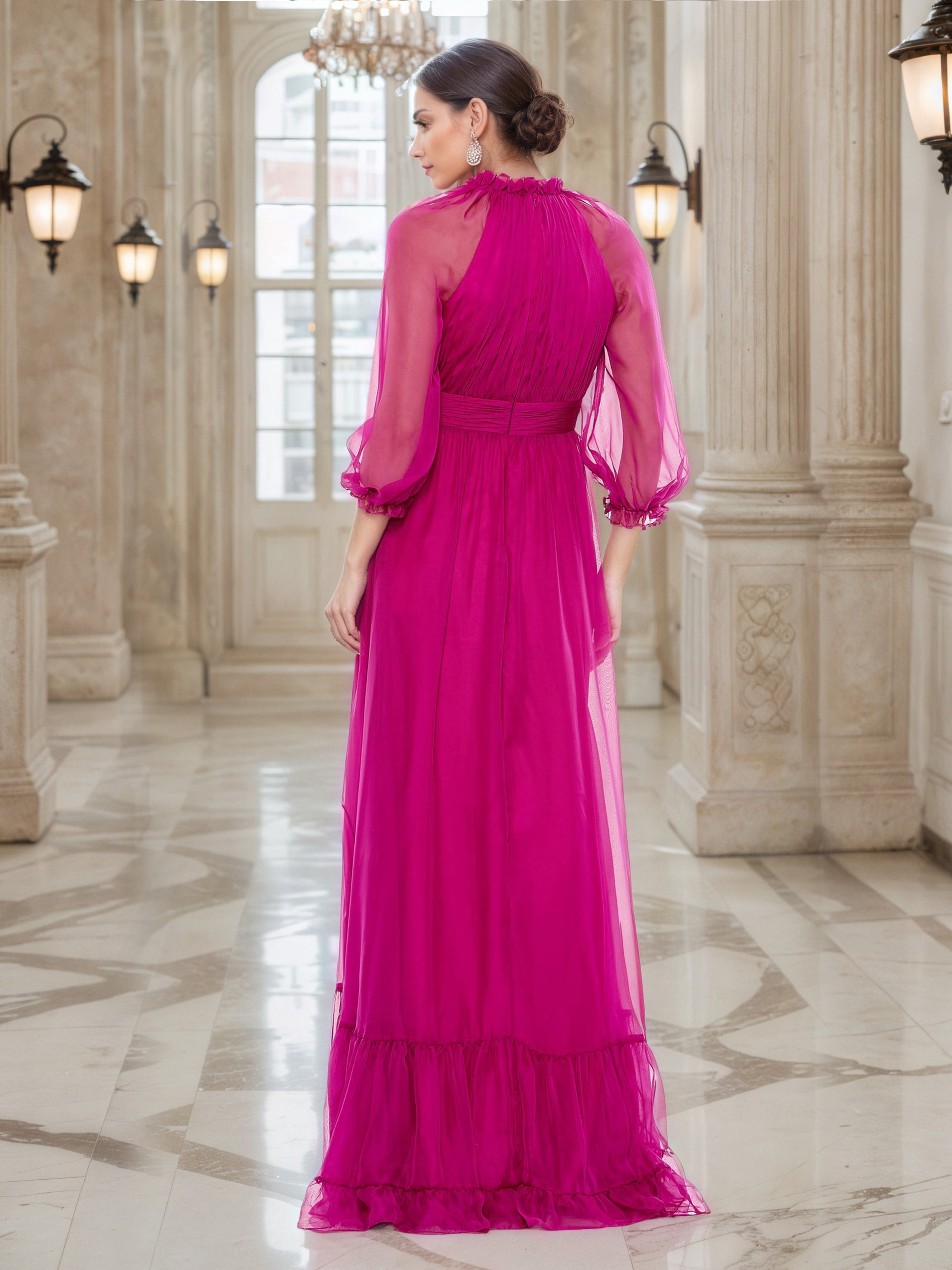 Fuchsia A-Line Sheer Sleeves Chiffon Long Prom Dress