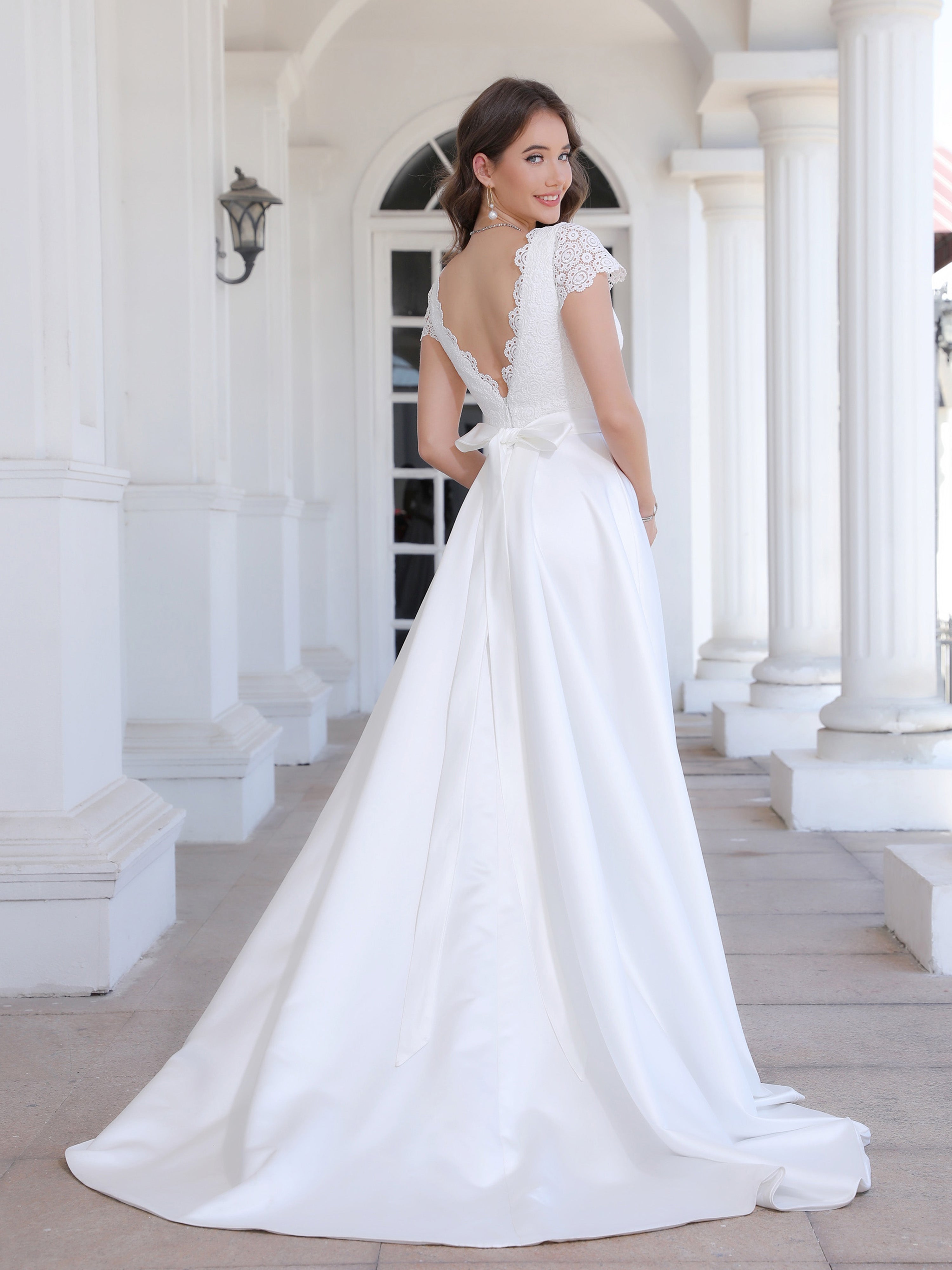 Sweep/Brush Train A Line Short Sleeves Lace Satin Wedding Dress With Beading