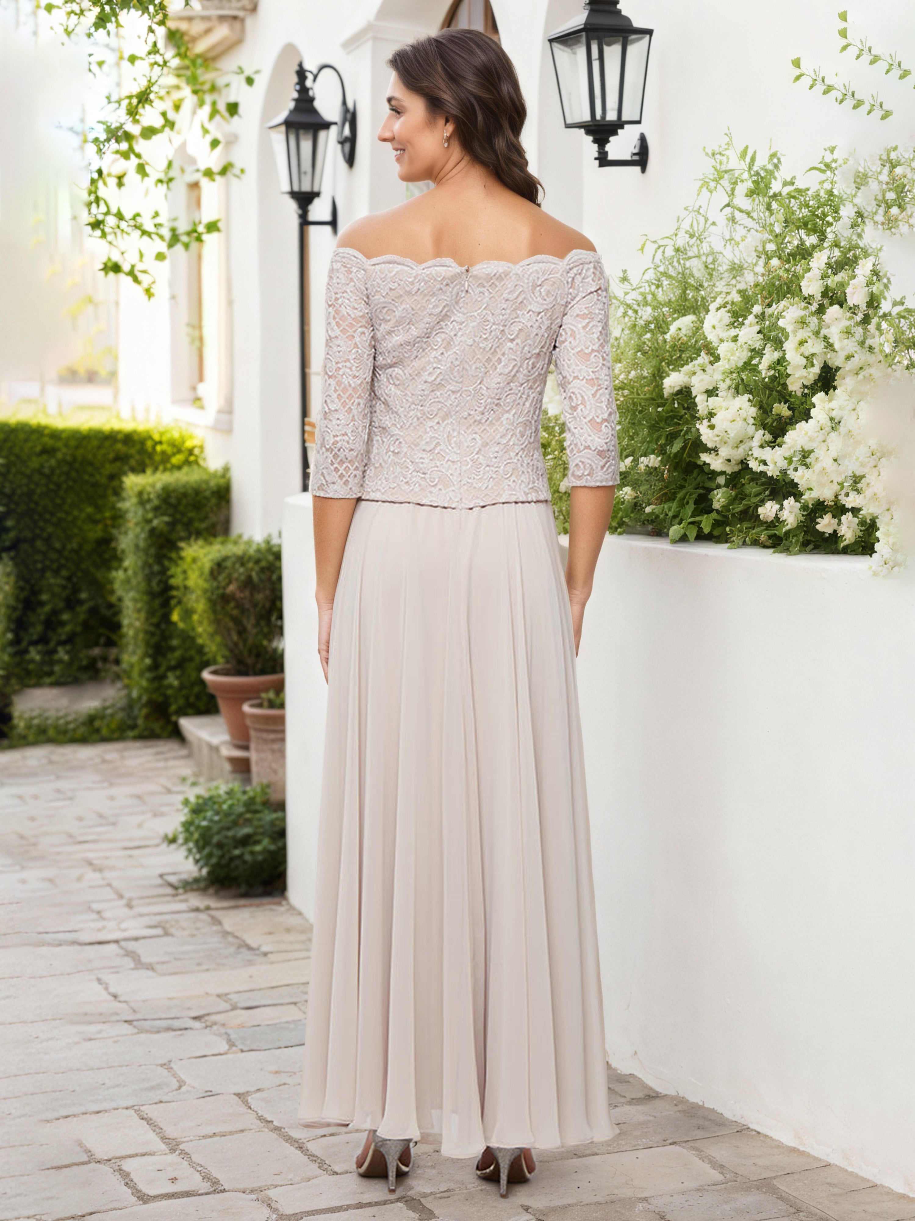 Stretch Lace Scallop Neckline Mock Dress Taupe Off the Shoulder Mother Of The Bride Dress