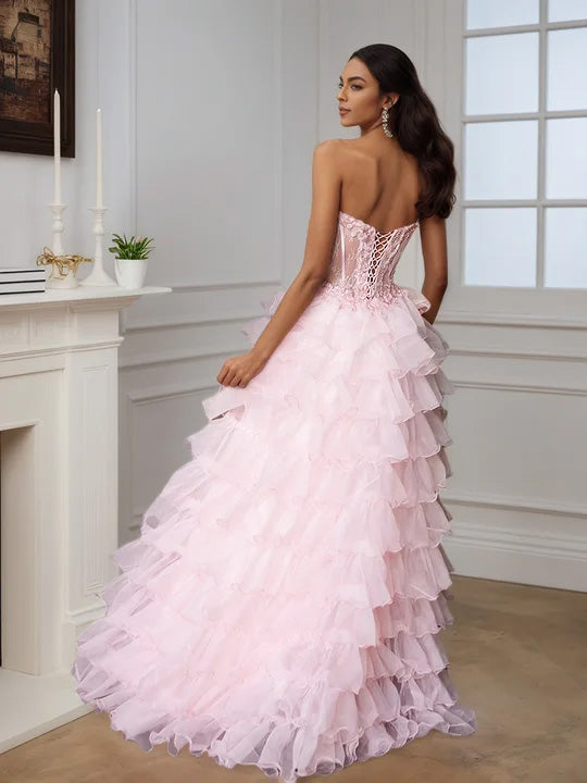 Cicinia Pink Prom Dresses Layered Sweetheart A-Line Floor Length Princess Dress