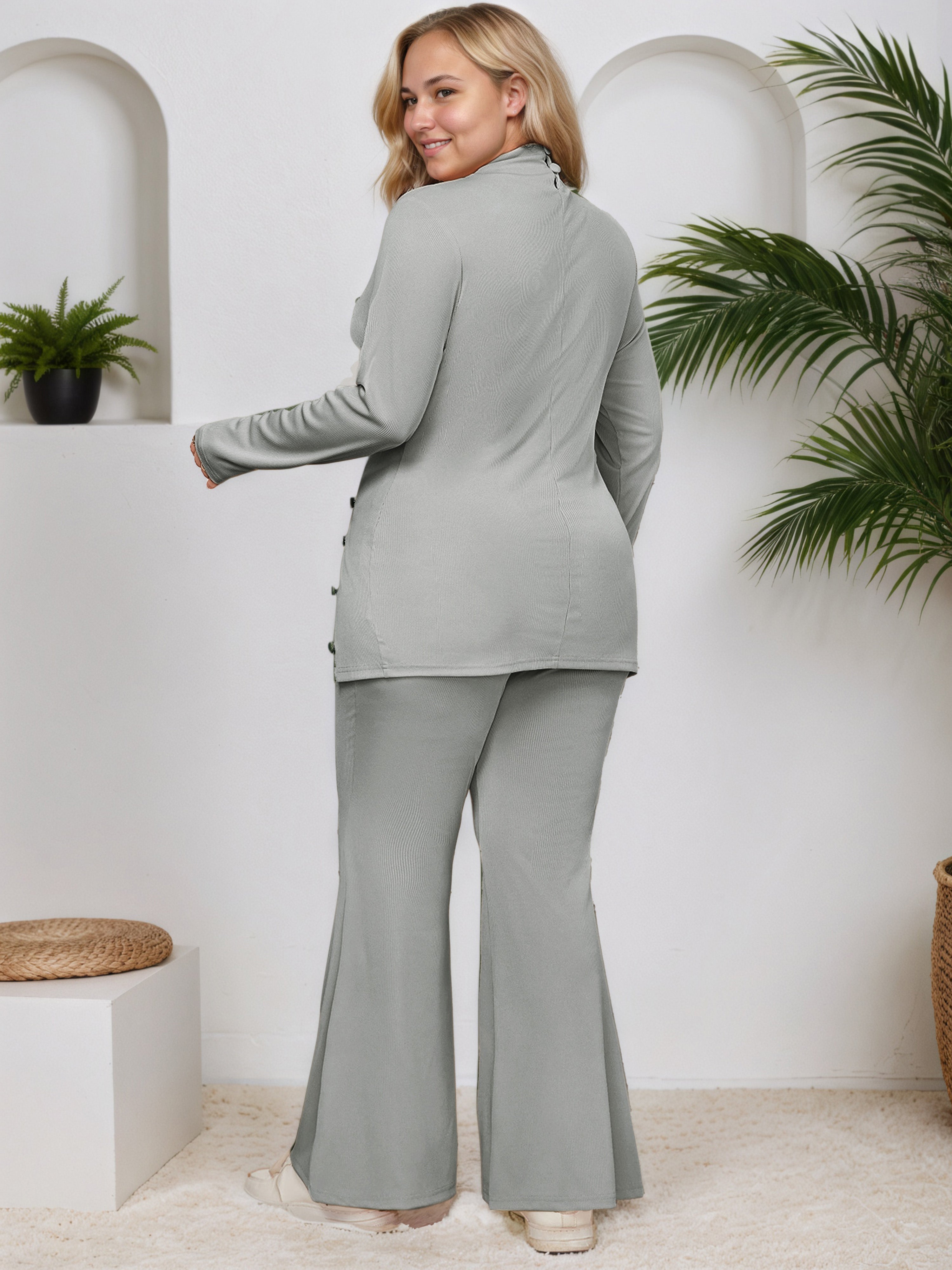 Sheath High Neck Silver Long Sleeves Plus Size Suits