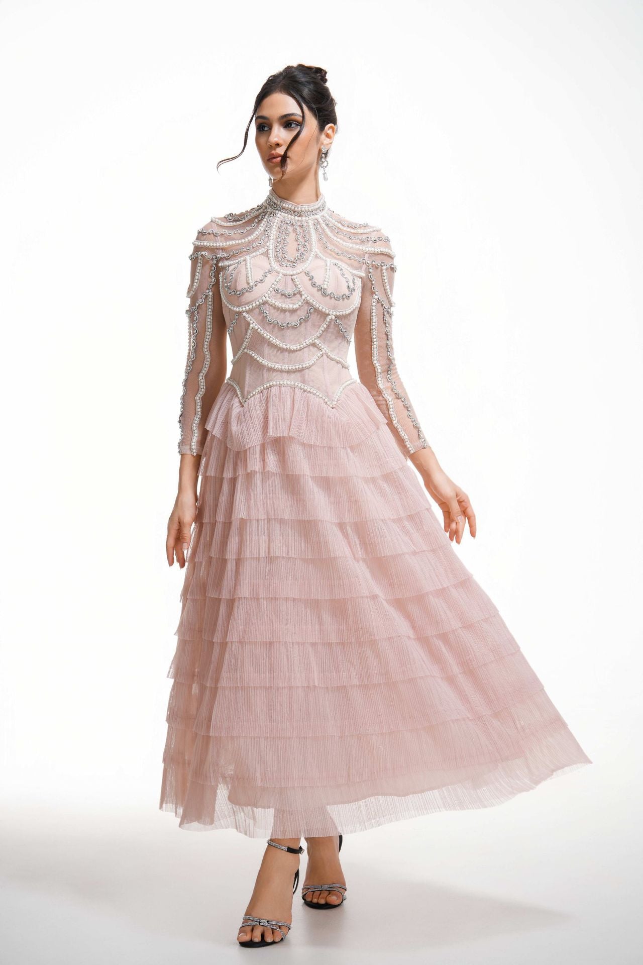 Luxurious A Line Evening Dress Beaded Pink Long Sleeves Prom Dress