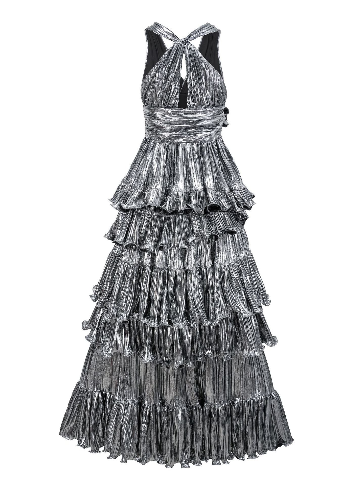 Sweep/Brush Train Silver Layers V Neck Sleeveless Prom Dress