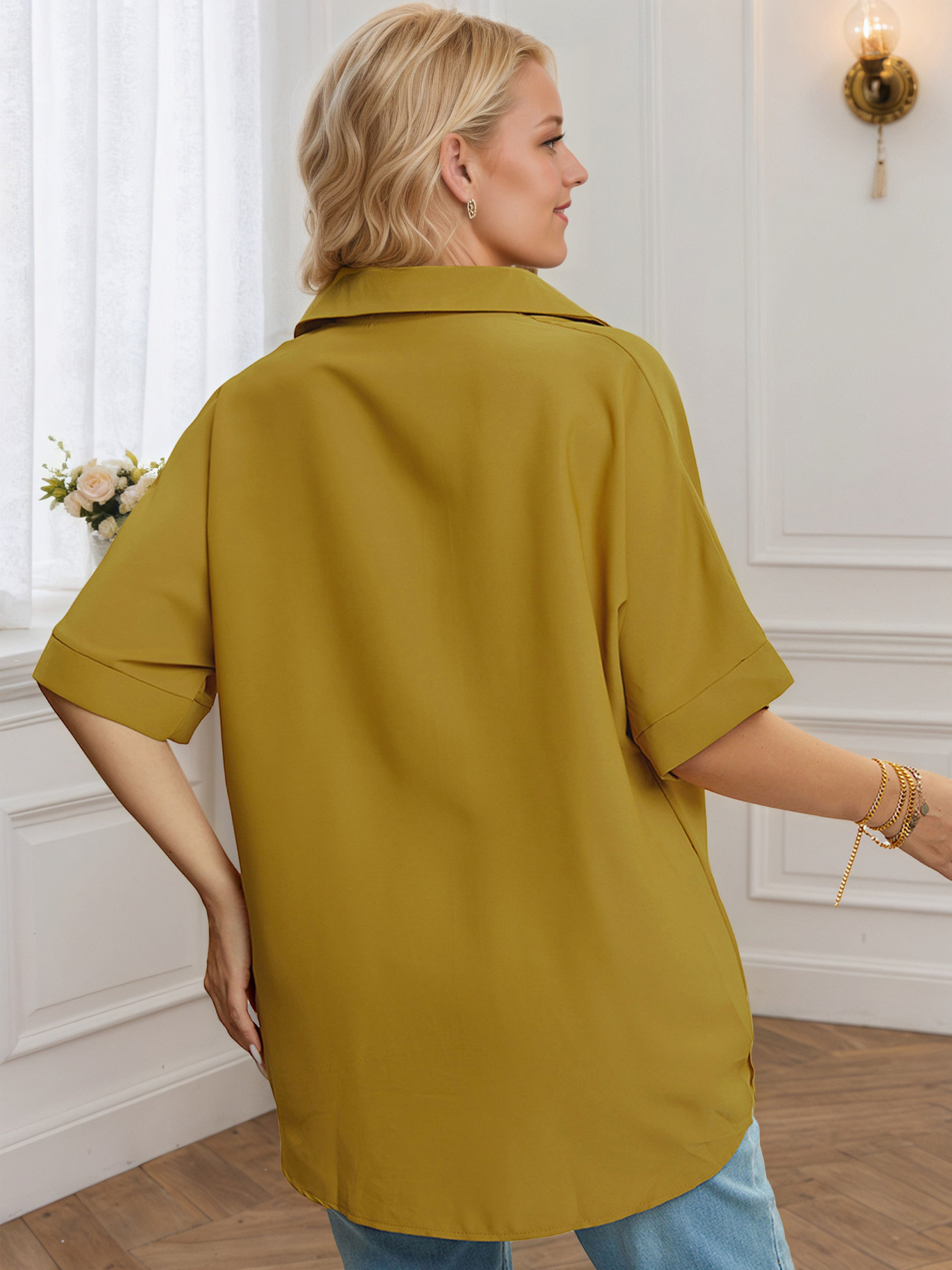 V-Neck Half Sleeves Khaki Stand Collar Plus Blouse