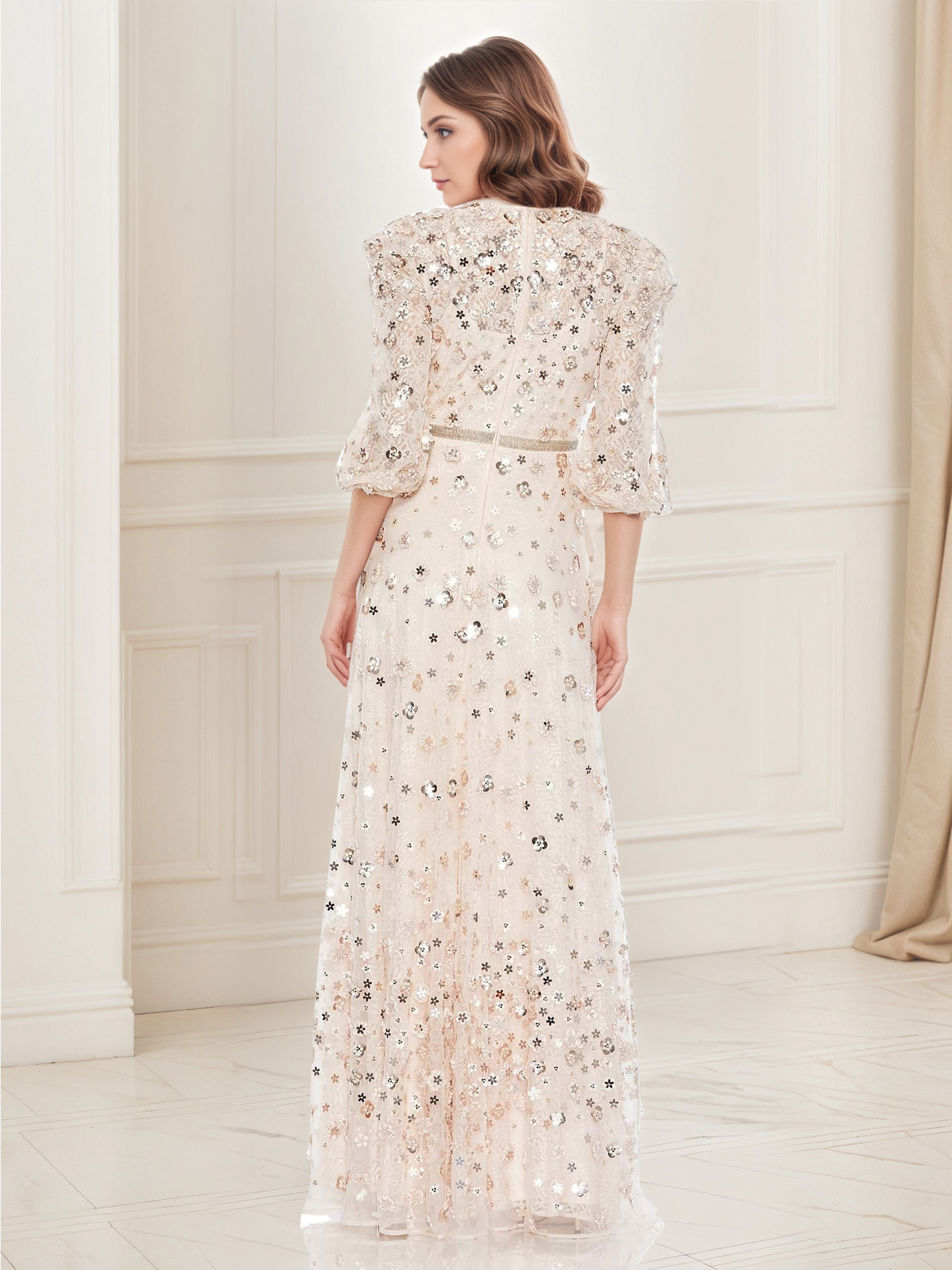 Blush Women's Dress Floral Appliques 3/4 Sleeve A-Line Prom Dress
