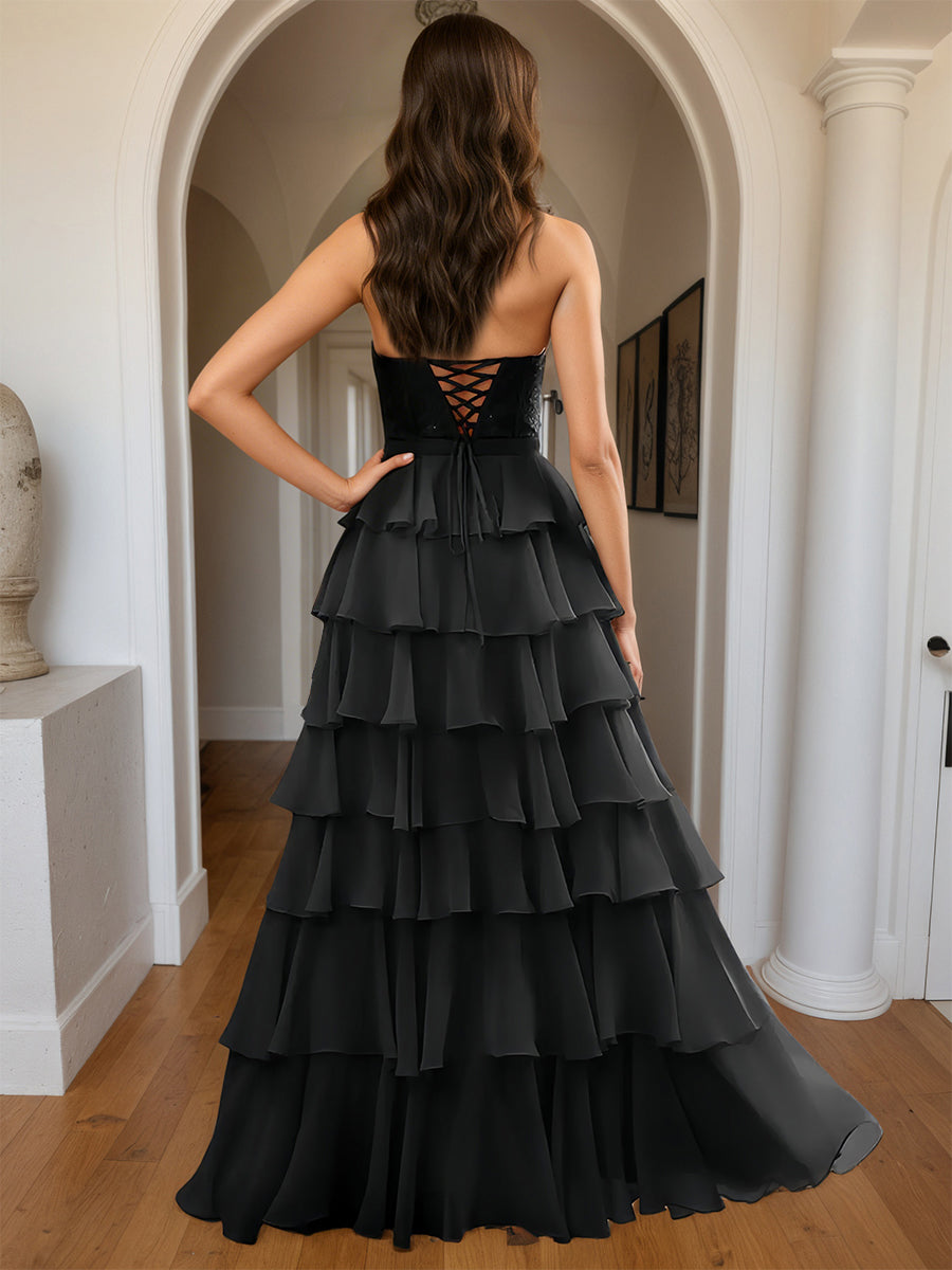Cicinia Black Prom Dresses Long Halter A-Line Chiffon Backless Sleeveless Layers Prom Gowns