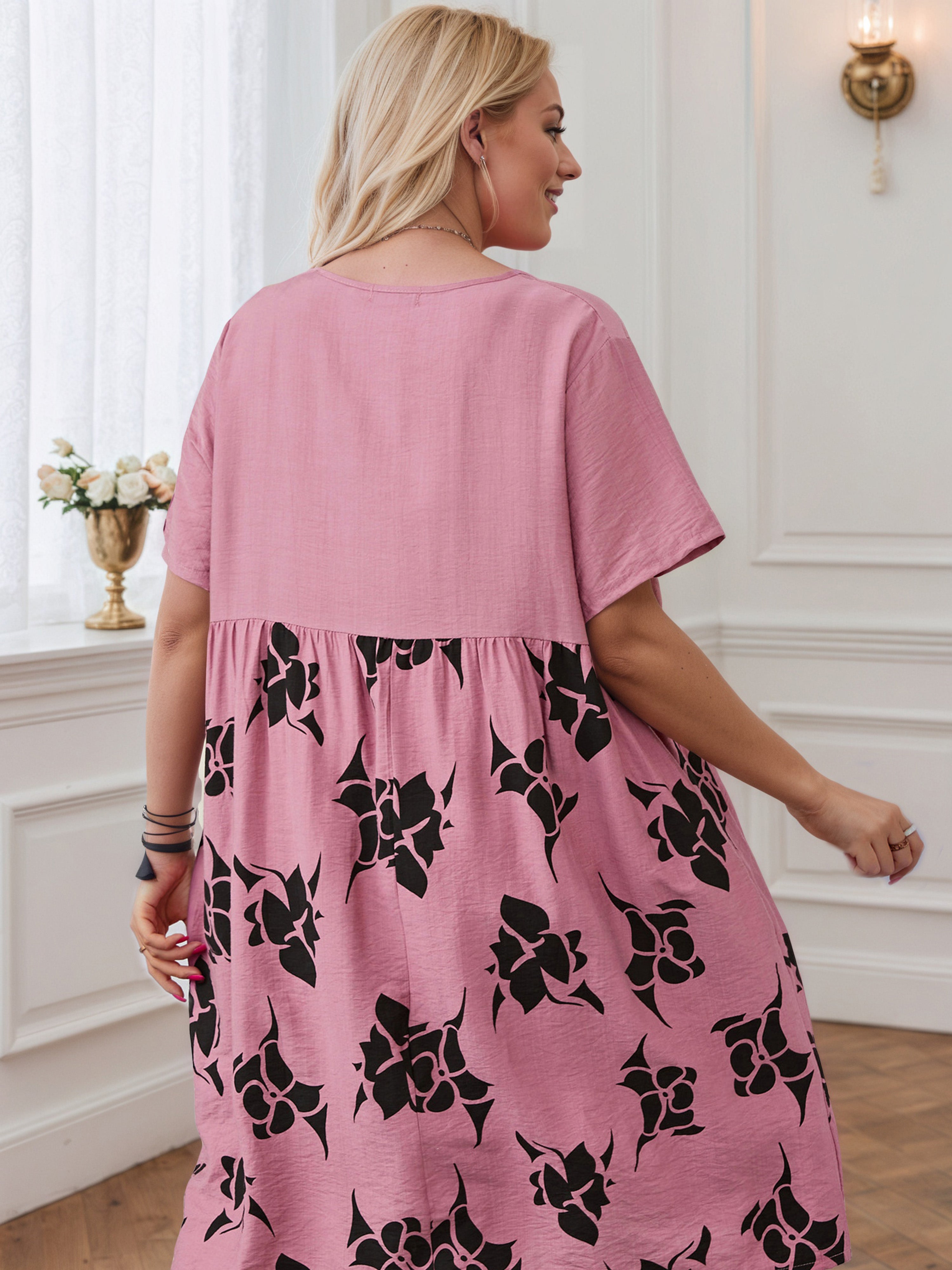 Floral Printed Knee Length Pink Plus Dress